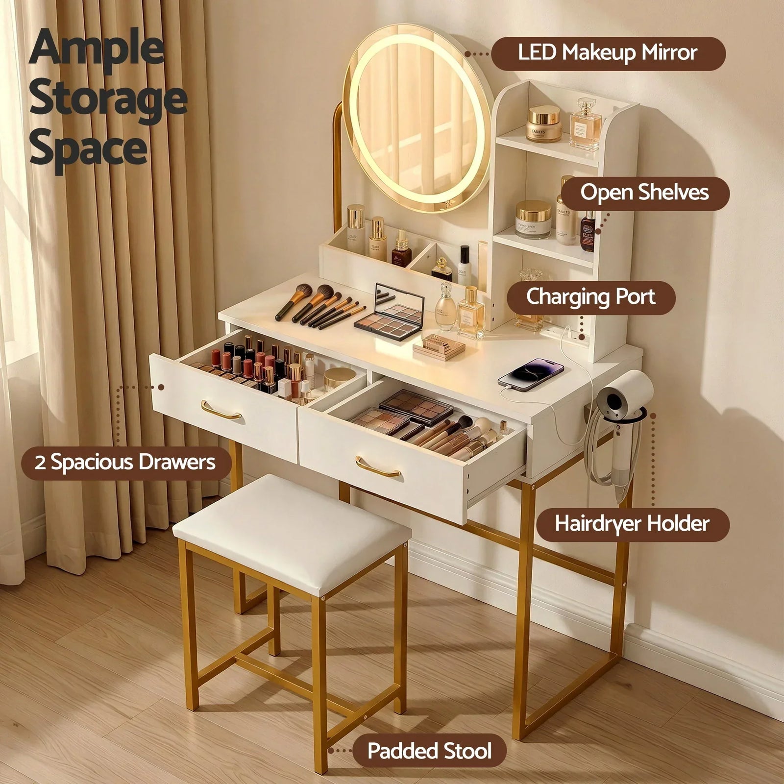 Artiss Dressing Table with LED Mirror – Charging Station, Drawers, Stool, White/Gold