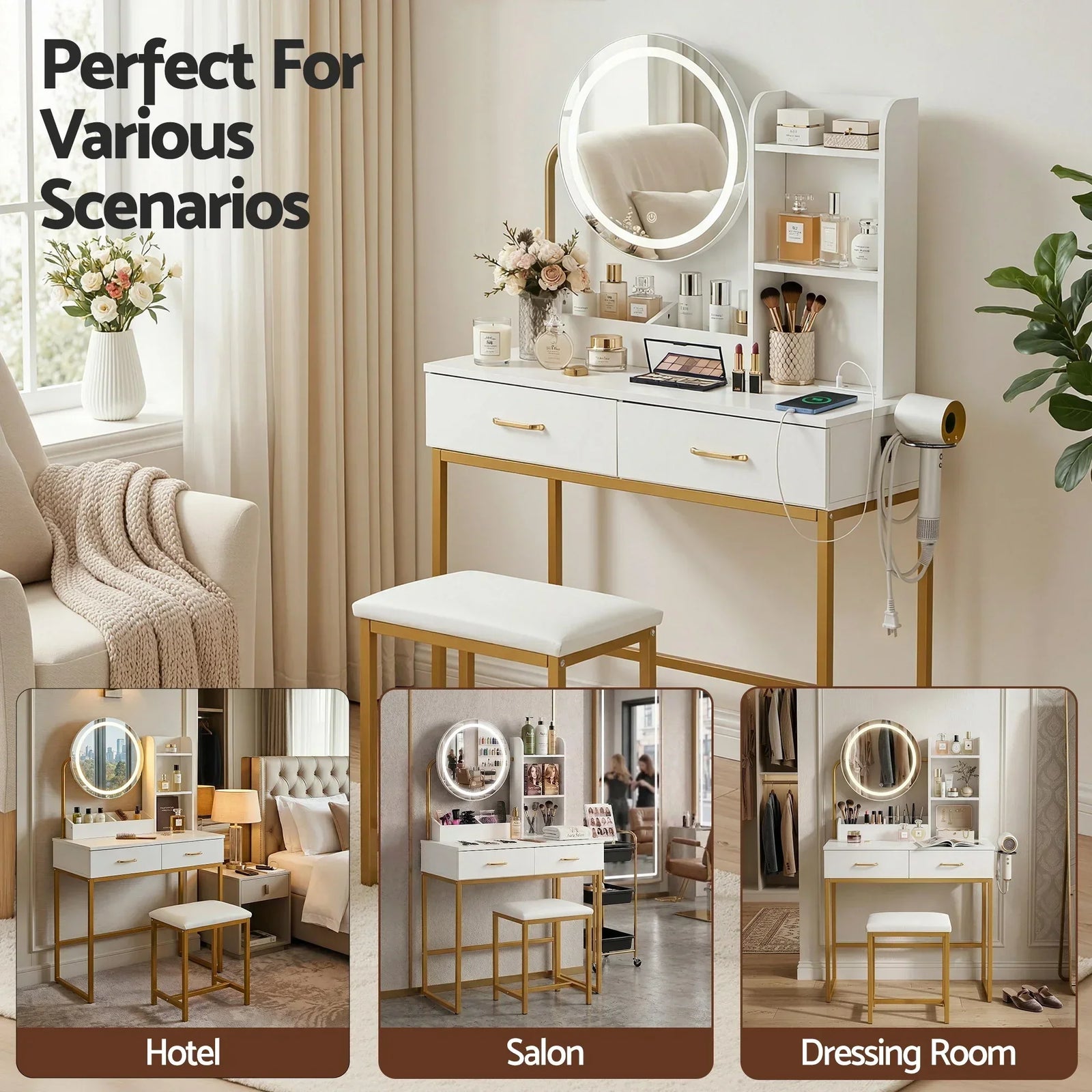 Artiss Dressing Table with LED Mirror – Charging Station, Drawers, Stool, White/Gold