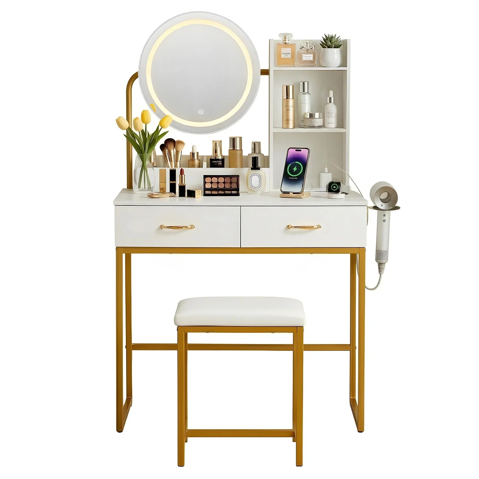 Artiss Dressing Table with LED Mirror – Charging Station, Drawers, Stool, White/Gold