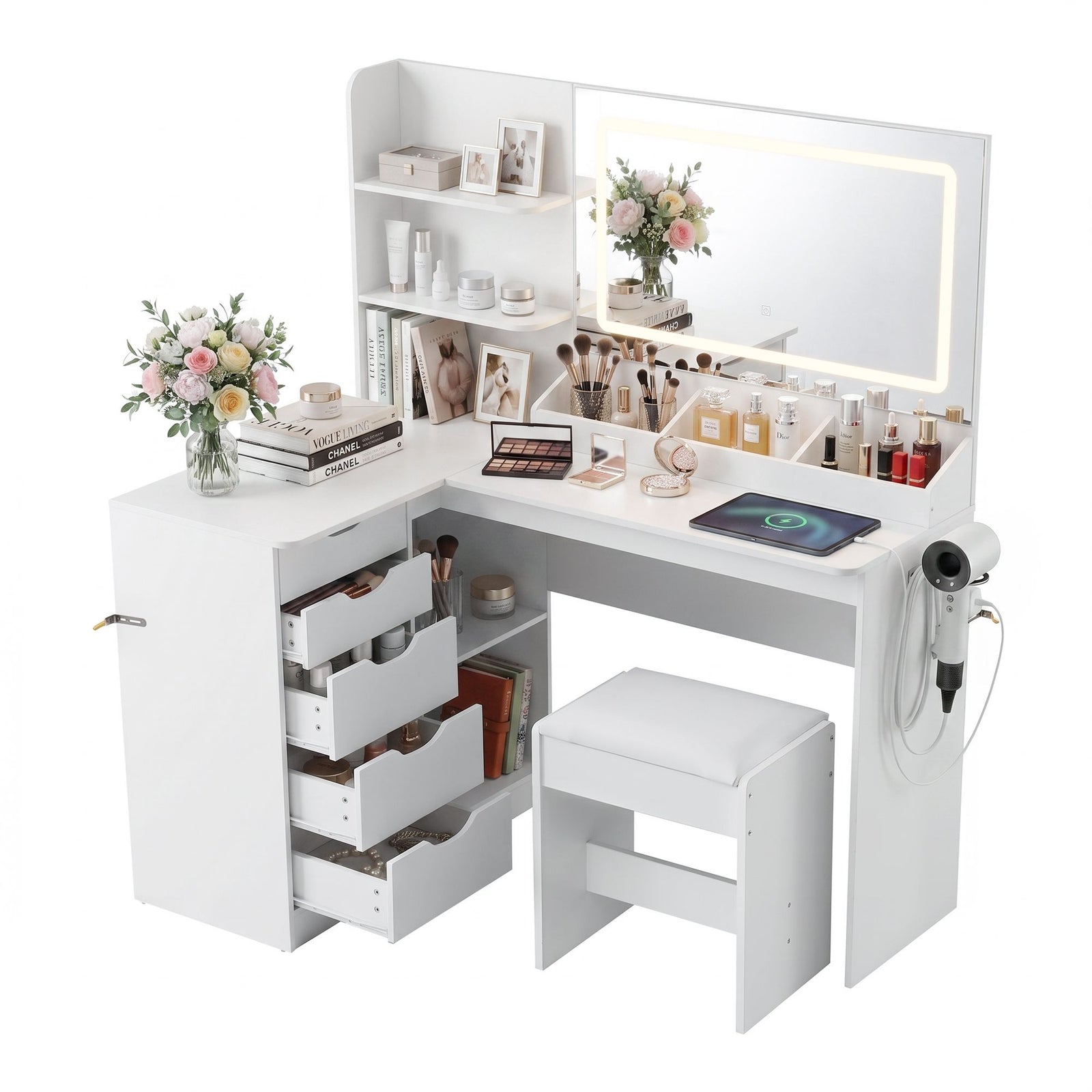Dressing Table Corner Vanity Desk Set Stool LED Charging Station White