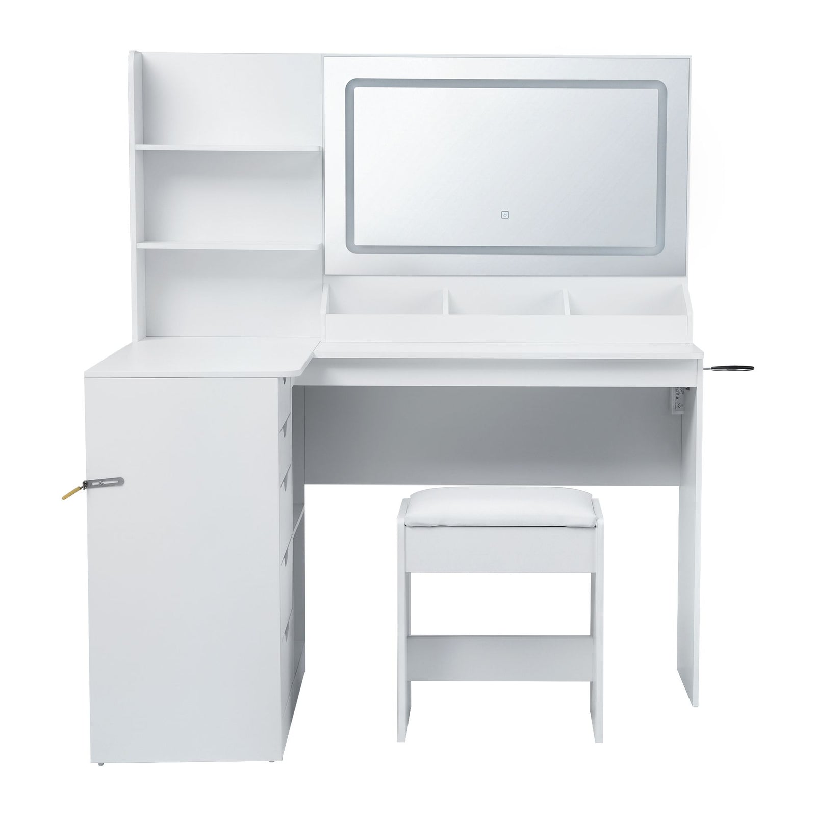 Dressing Table Corner Vanity Desk Set Stool LED Charging Station White