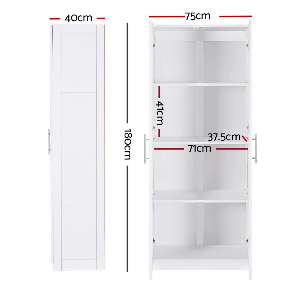 180cm Tall 2 Door Storage Cupboard 4 Adjustable Shelves White Pantry Cabinet