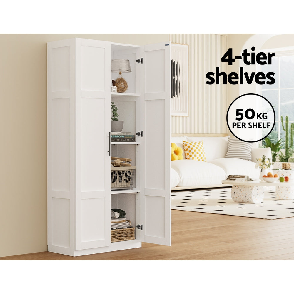 180cm Tall 2 Door Storage Cupboard 4 Adjustable Shelves White Pantry Cabinet