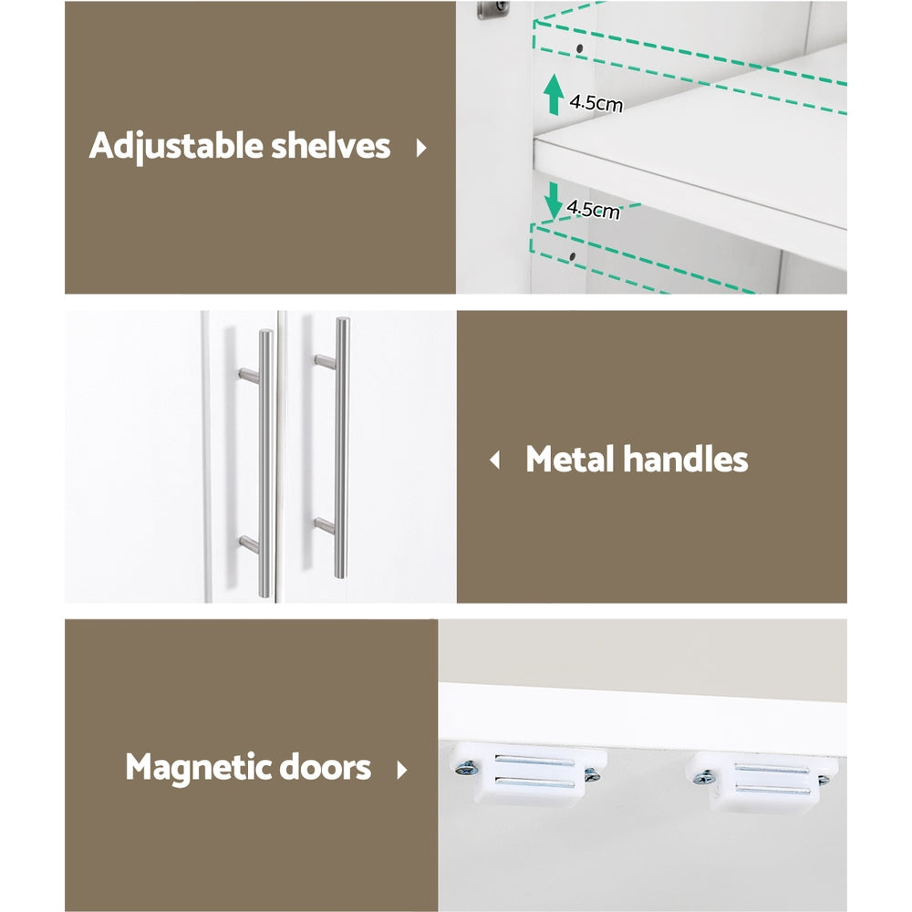 180cm Tall 2 Door Storage Cupboard 4 Adjustable Shelves White Pantry Cabinet