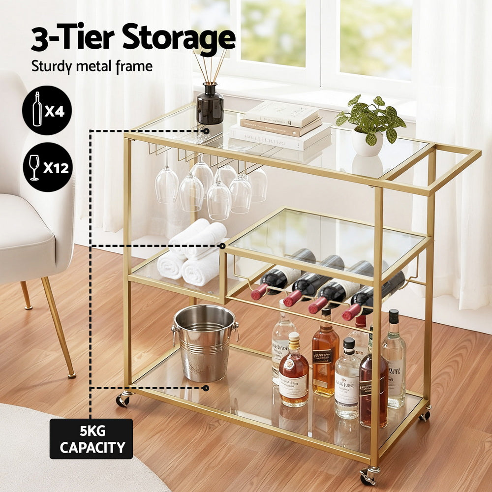 Bar Cart Drink Trolley Serving Cocktail Wine Rack Glass Holder 102cm Gold