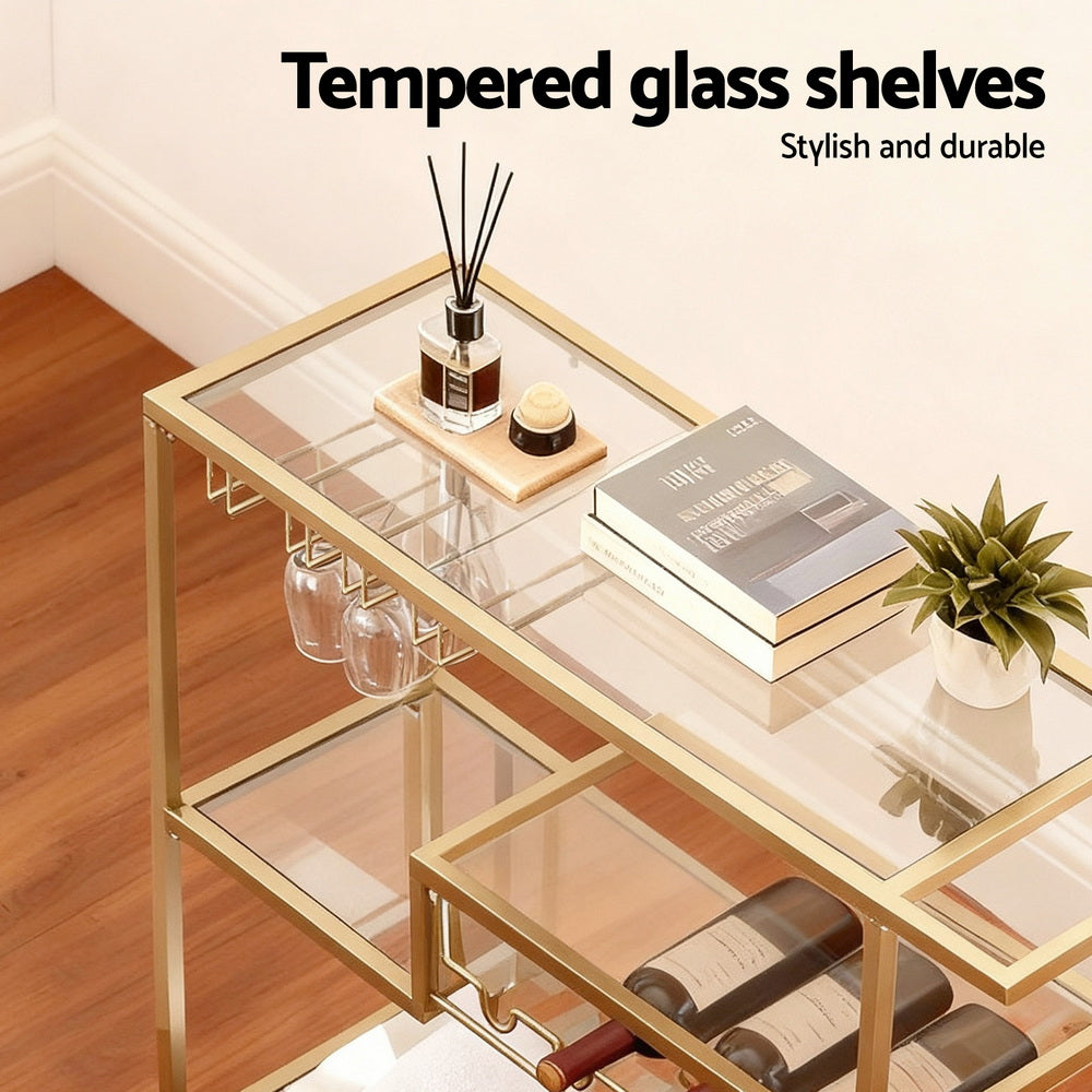 Bar Cart Drink Trolley Serving Cocktail Wine Rack Glass Holder 102cm Gold