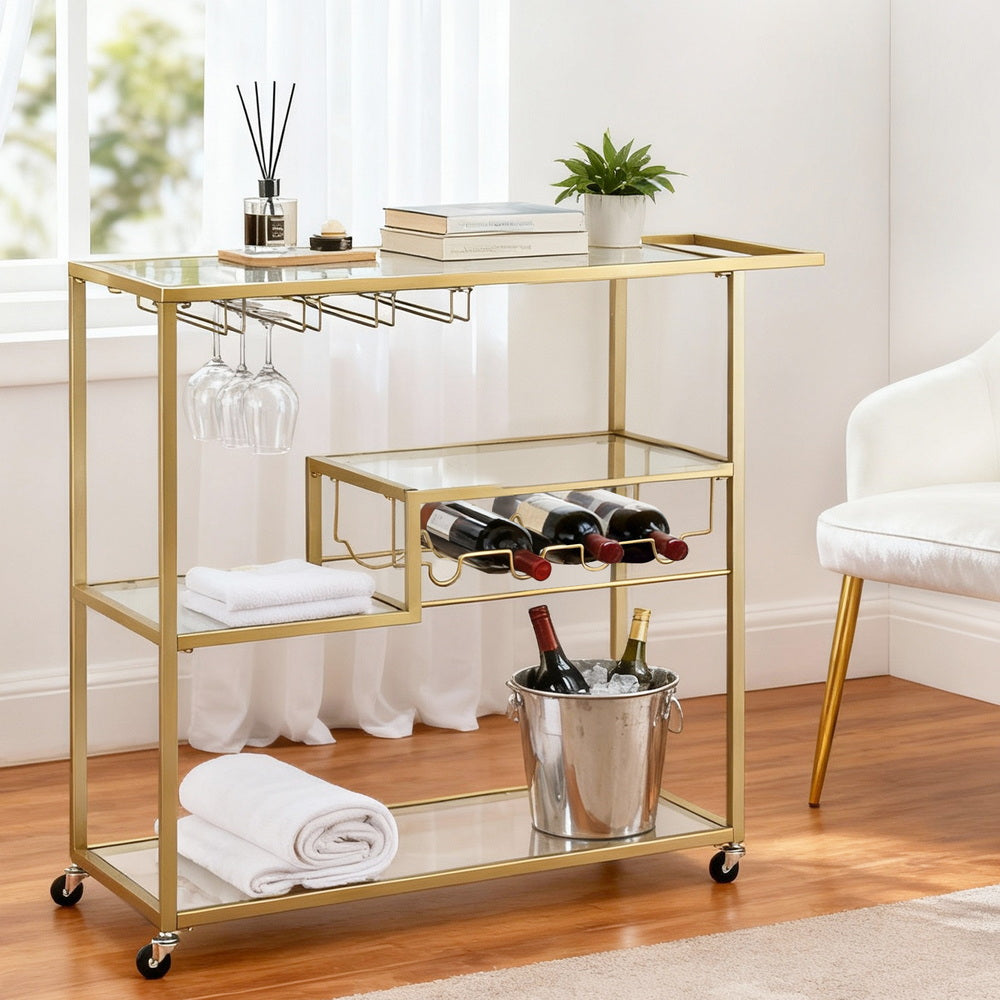 Bar Cart Drink Trolley Serving Cocktail Wine Rack Glass Holder 102cm Gold