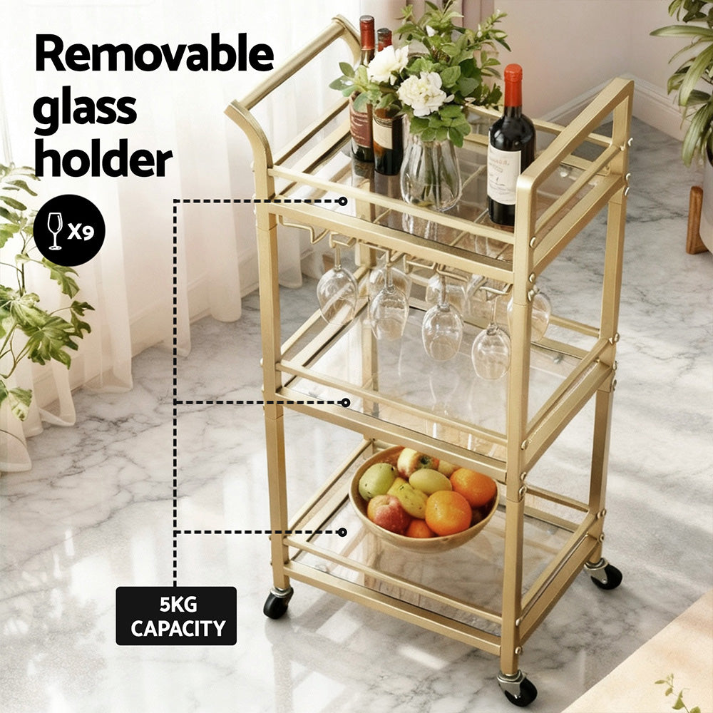 Kitchen Island Cart Trolley Rolling Serving Storage Wine Glass 43cm Gold
