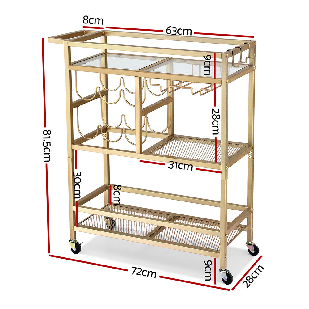 Bar Cart Drinks Trolley Serving Wine Rack Glass Holder 3 Hooks 72cm Gold