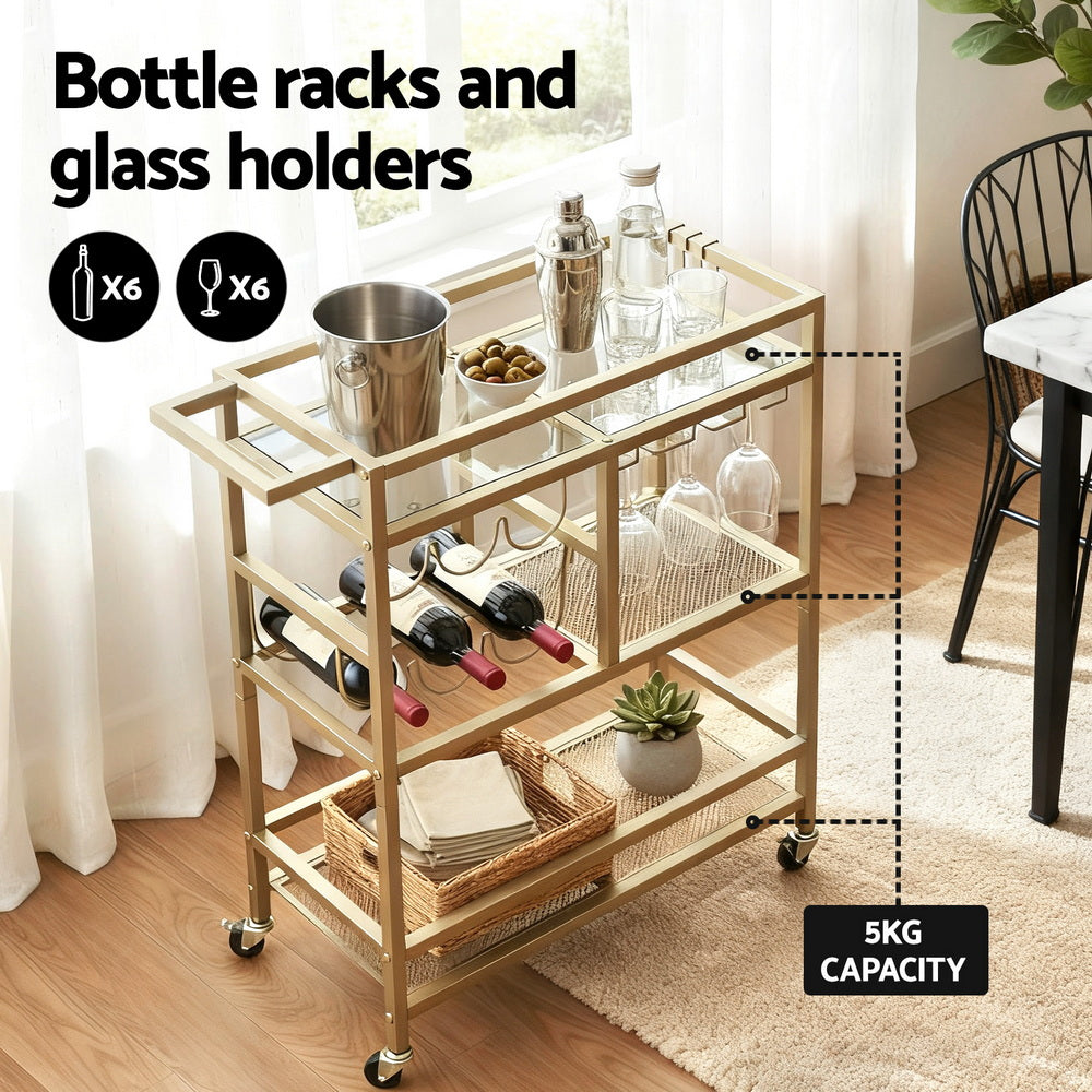 Bar Cart Drinks Trolley Serving Wine Rack Glass Holder 3 Hooks 72cm Gold