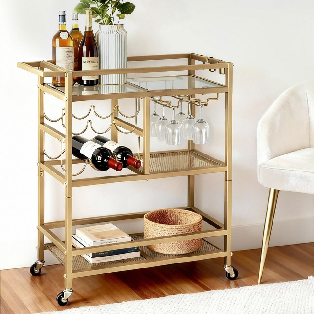Bar Cart Drinks Trolley Serving Wine Rack Glass Holder 3 Hooks 72cm Gold