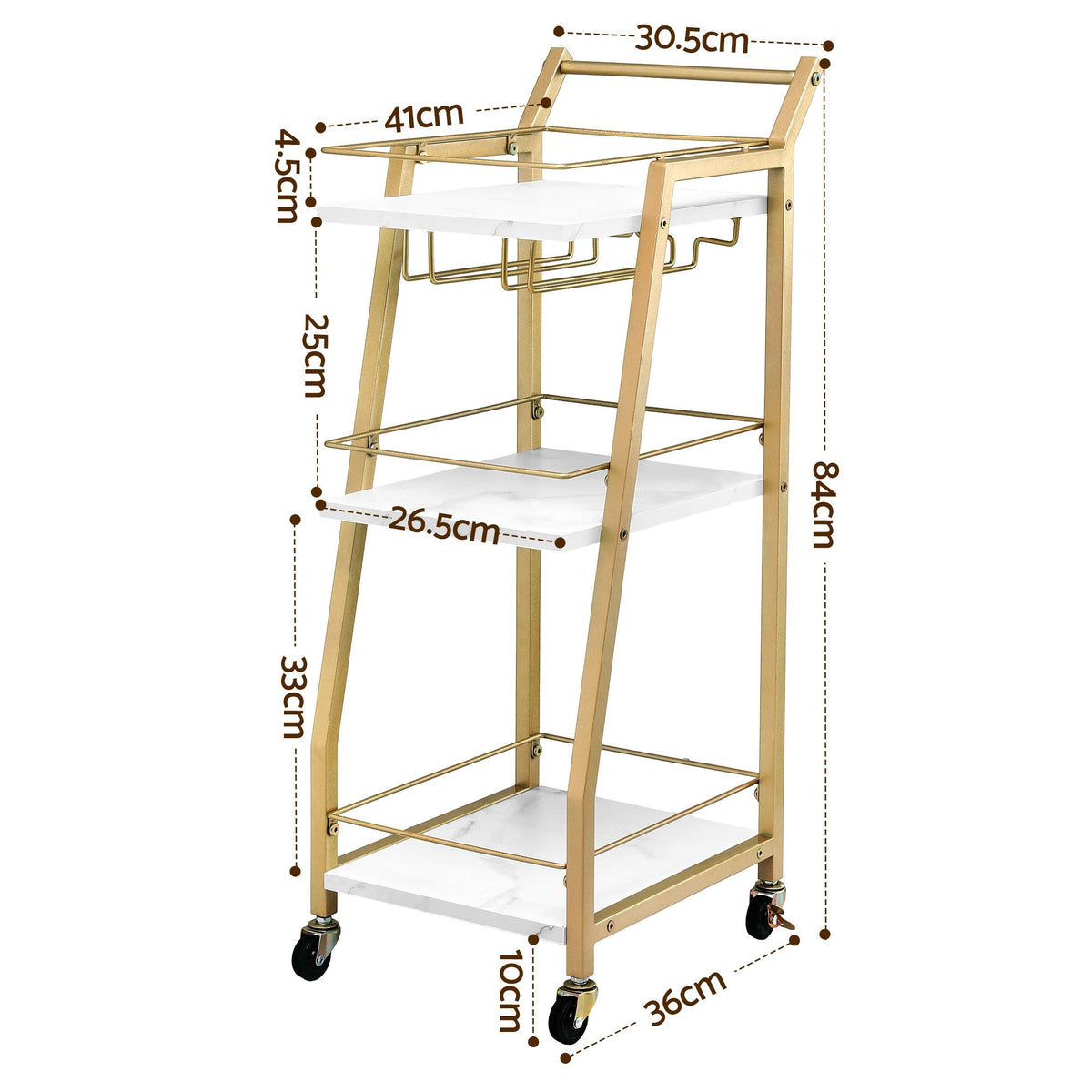 Bar Cart Trolley Kitchen Island Serving Wine Glass Holder Marble 41cm