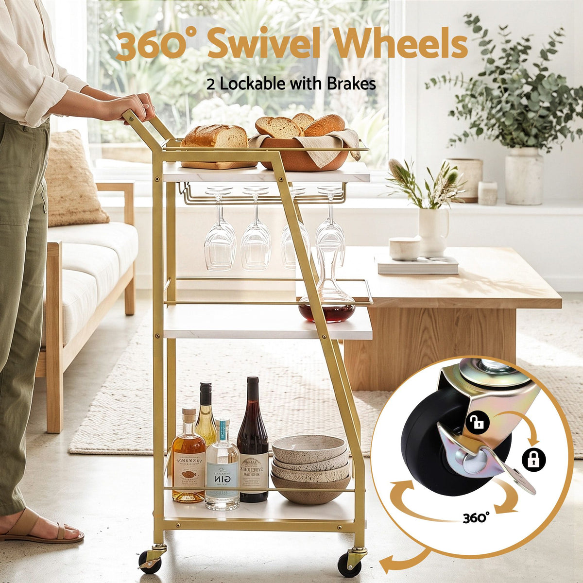 Bar Cart Trolley Kitchen Island Serving Wine Glass Holder Marble 41cm