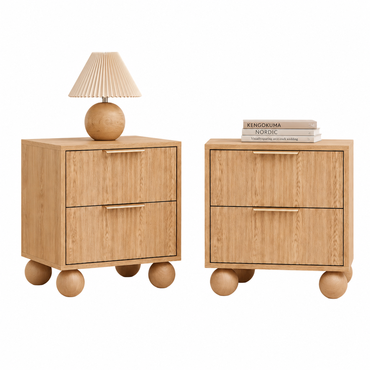 2x Bedside Table Round Legs 2 Drawers Pine