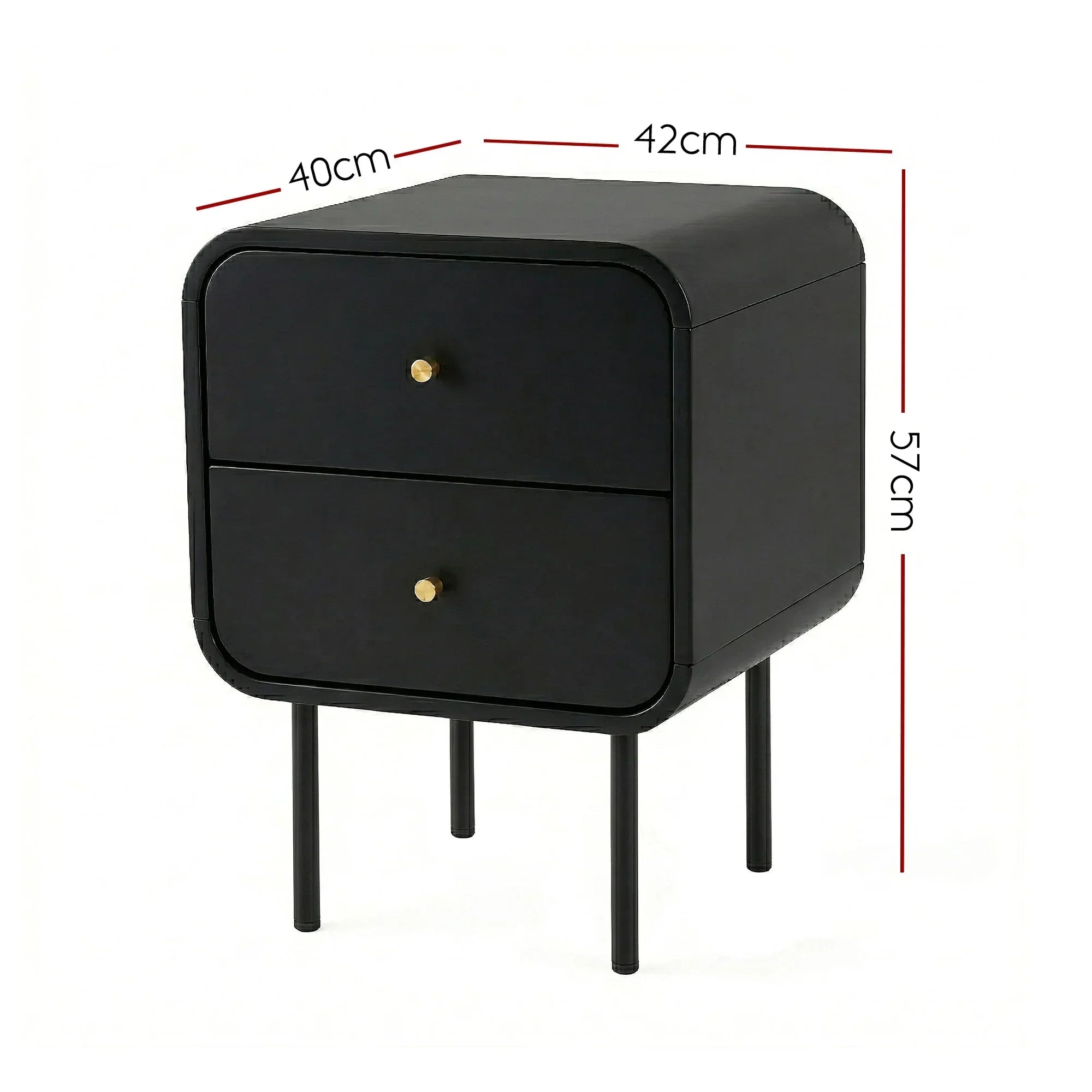 Bedside Table with 2 Drawers, Metal Handles & Sturdy MDF Frame – Black