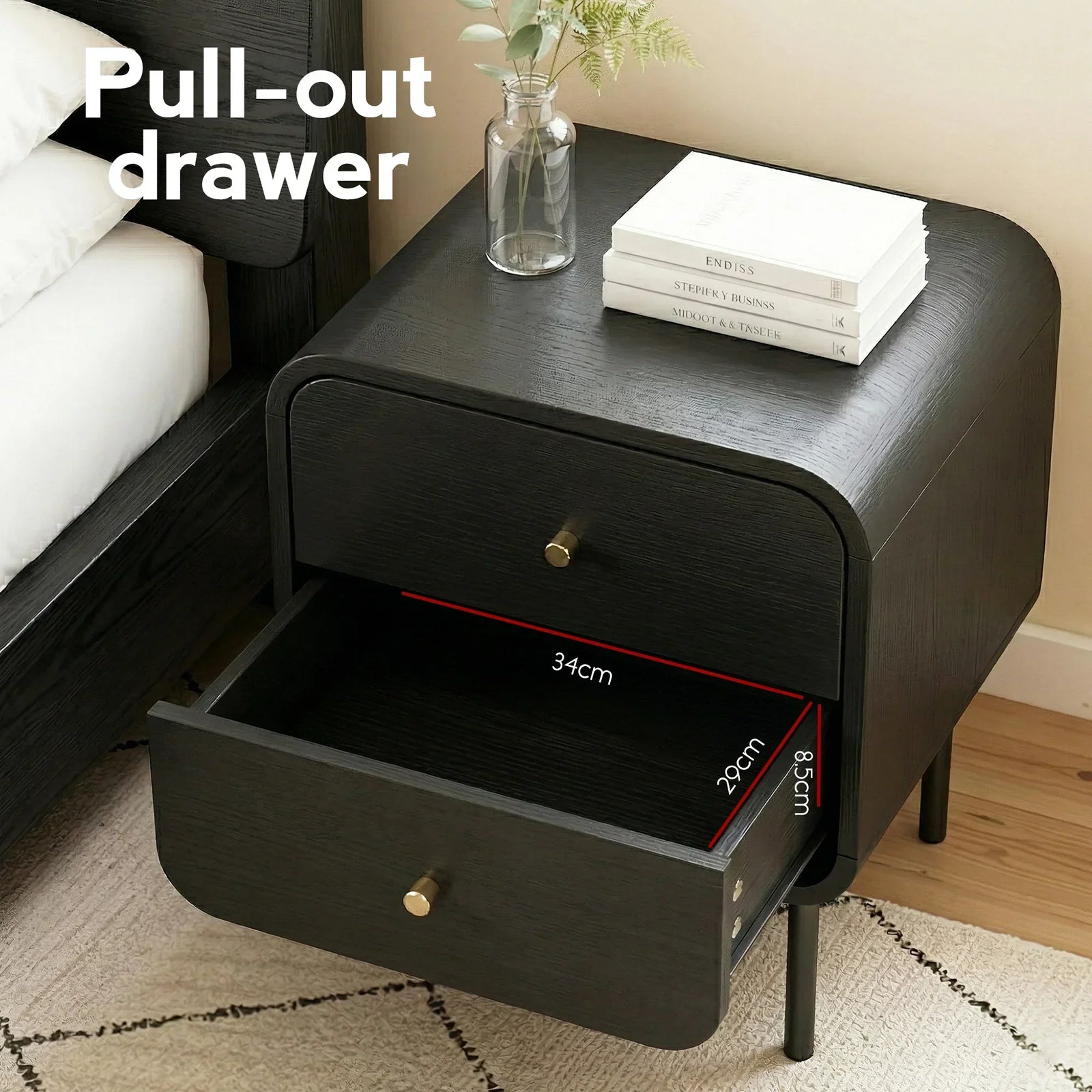 Bedside Table with 2 Drawers, Metal Handles & Sturdy MDF Frame – Black