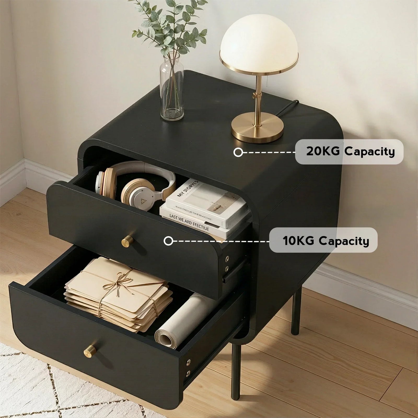 Bedside Table with 2 Drawers, Metal Handles & Sturdy MDF Frame – Black