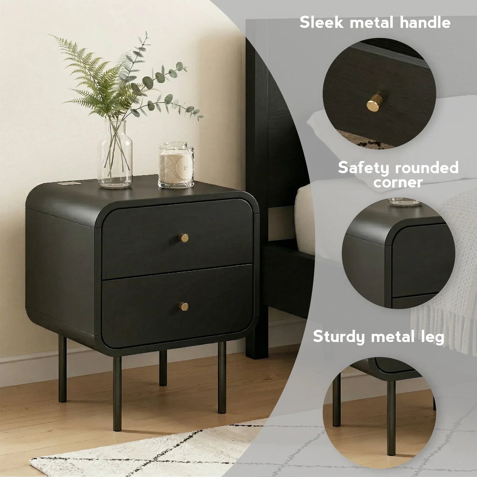 Bedside Table with 2 Drawers, Metal Handles & Sturdy MDF Frame – Black