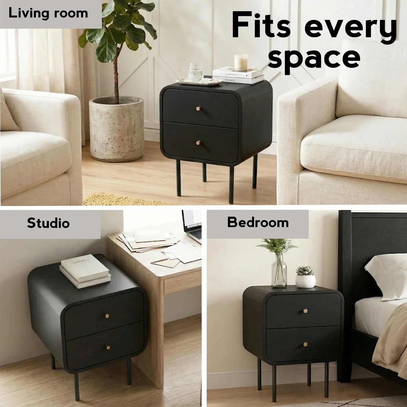Bedside Table with 2 Drawers, Metal Handles & Sturdy MDF Frame – Black