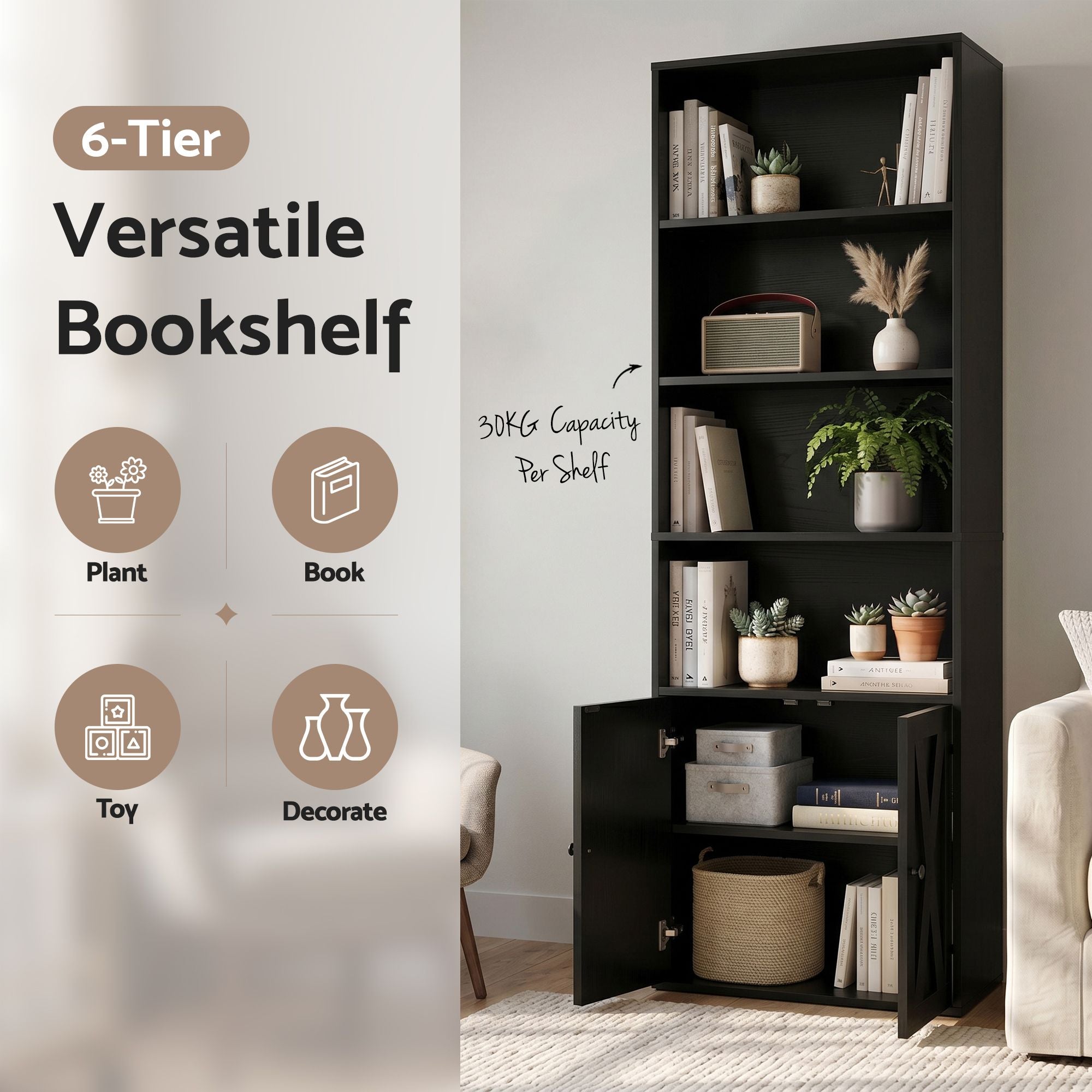 6‑Tier Bookshelf Cabinet – 60×23.5×180cm, Storage Shelves, Anti‑Tip, Black