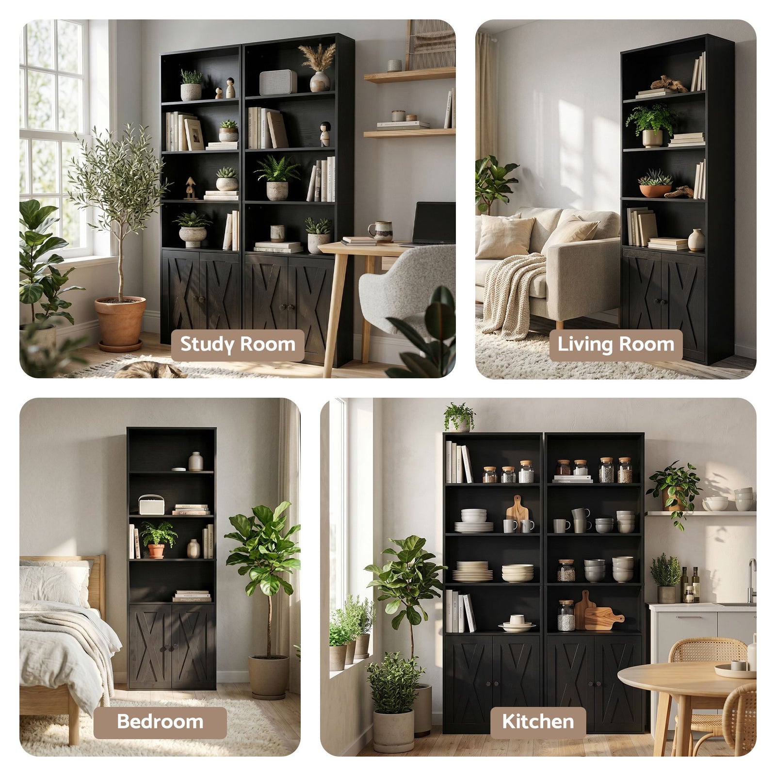 6‑Tier Bookshelf Cabinet – 60×23.5×180cm, Storage Shelves, Anti‑Tip, Black