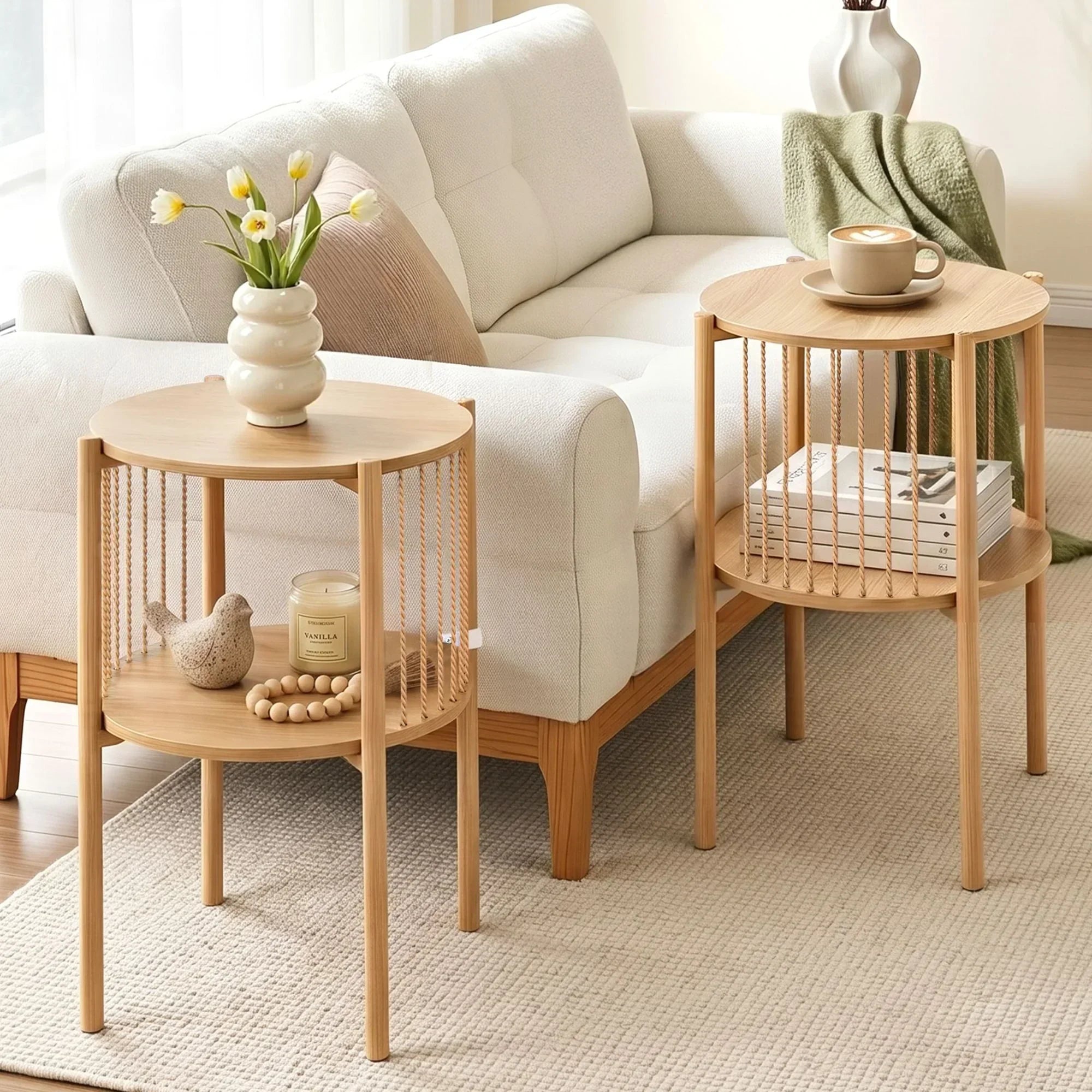 Set of 2 End Tables – Boho Straw‑Rope Design, 2‑Tier, 20kg Top Load, 39×65cm