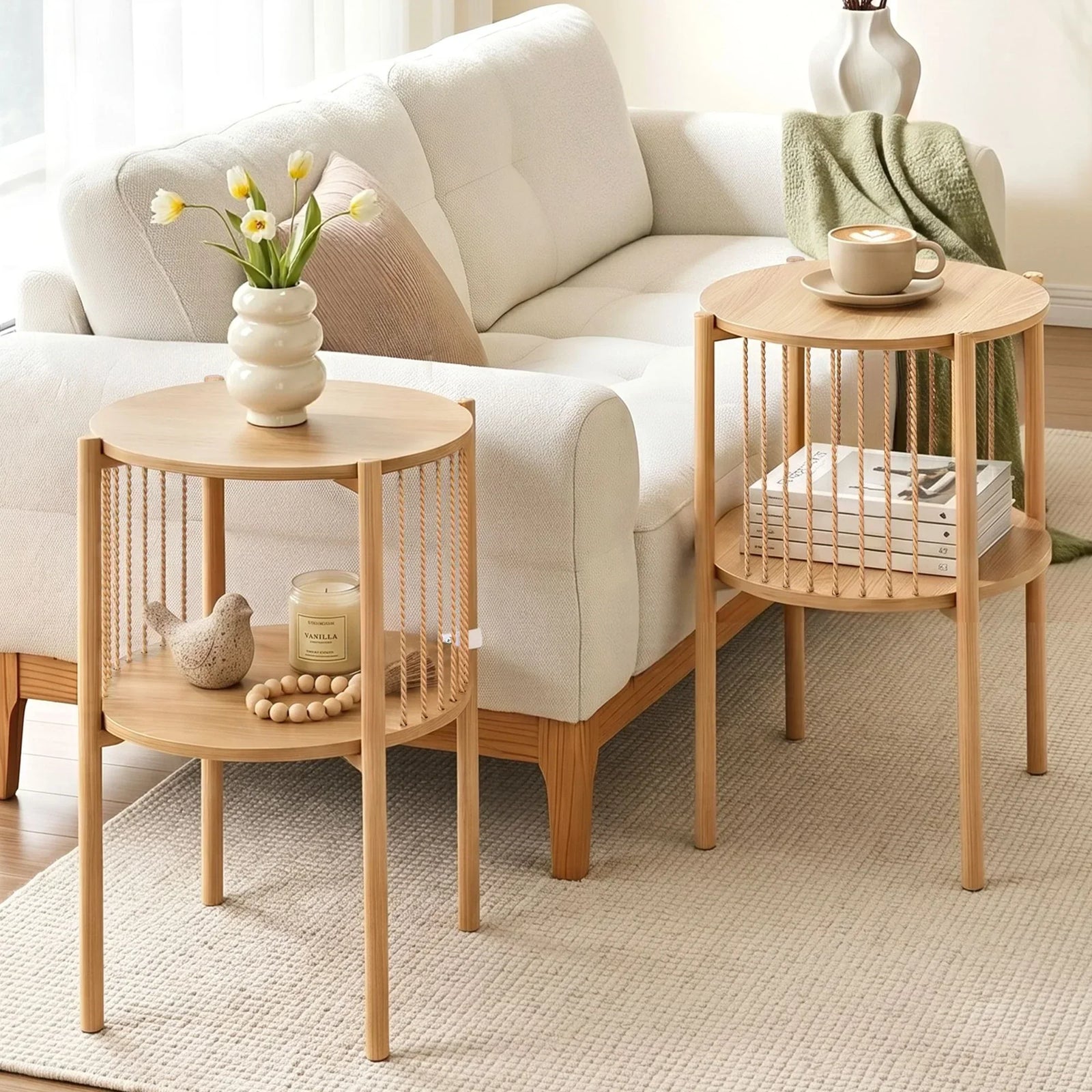 Artiss Set of 2 End Tables – Boho Straw‑Rope Design, 2‑Tier, 20kg Top Load, 39×65cm