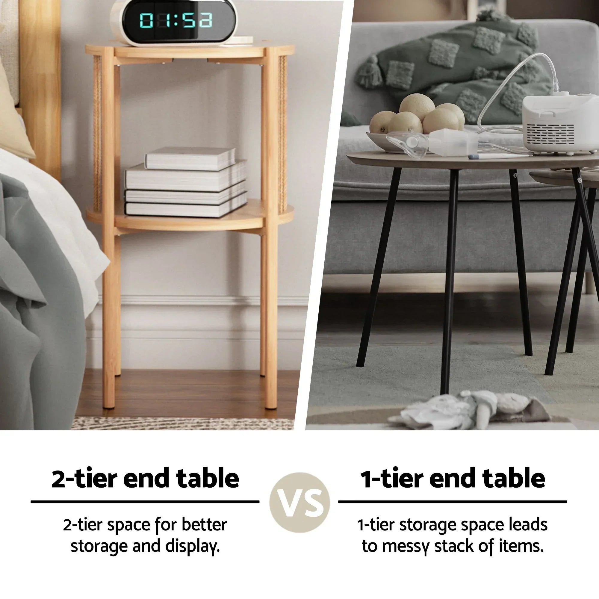Set of 2 End Tables – Boho Straw‑Rope Design, 2‑Tier, 20kg Top Load, 39×65cm