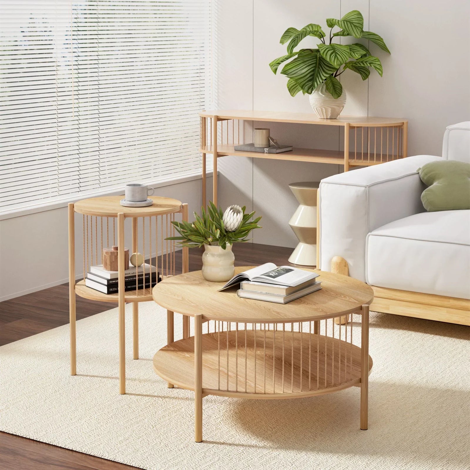 Artiss Set of 2 End Tables – Boho Straw‑Rope Design, 2‑Tier, 20kg Top Load, 39×65cm