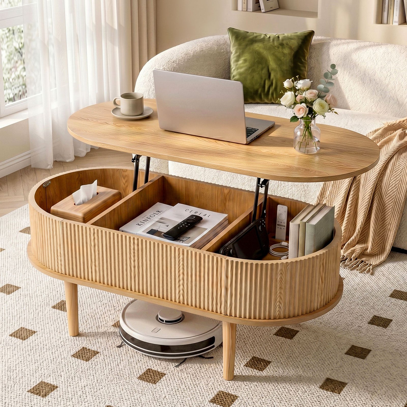 Artiss Lift‑Top Coffee Table 100cm – Oval Fluted Design, Hidden Storage, Natural