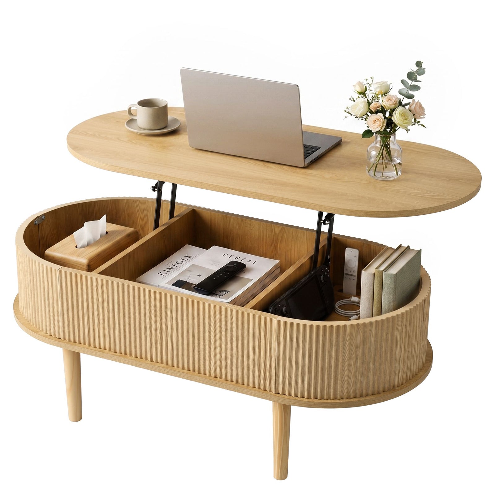 Artiss Lift‑Top Coffee Table 100cm – Oval Fluted Design, Hidden Storage, Natural