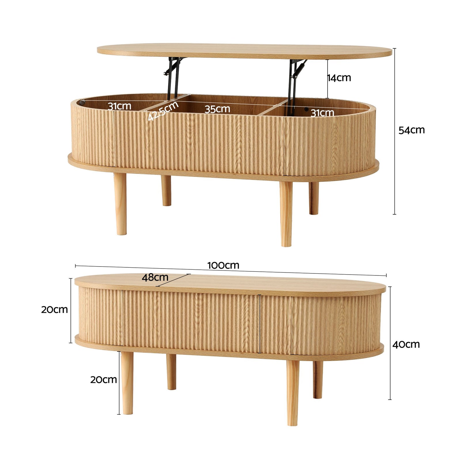 Artiss Lift‑Top Coffee Table 100cm – Oval Fluted Design, Hidden Storage, Natural