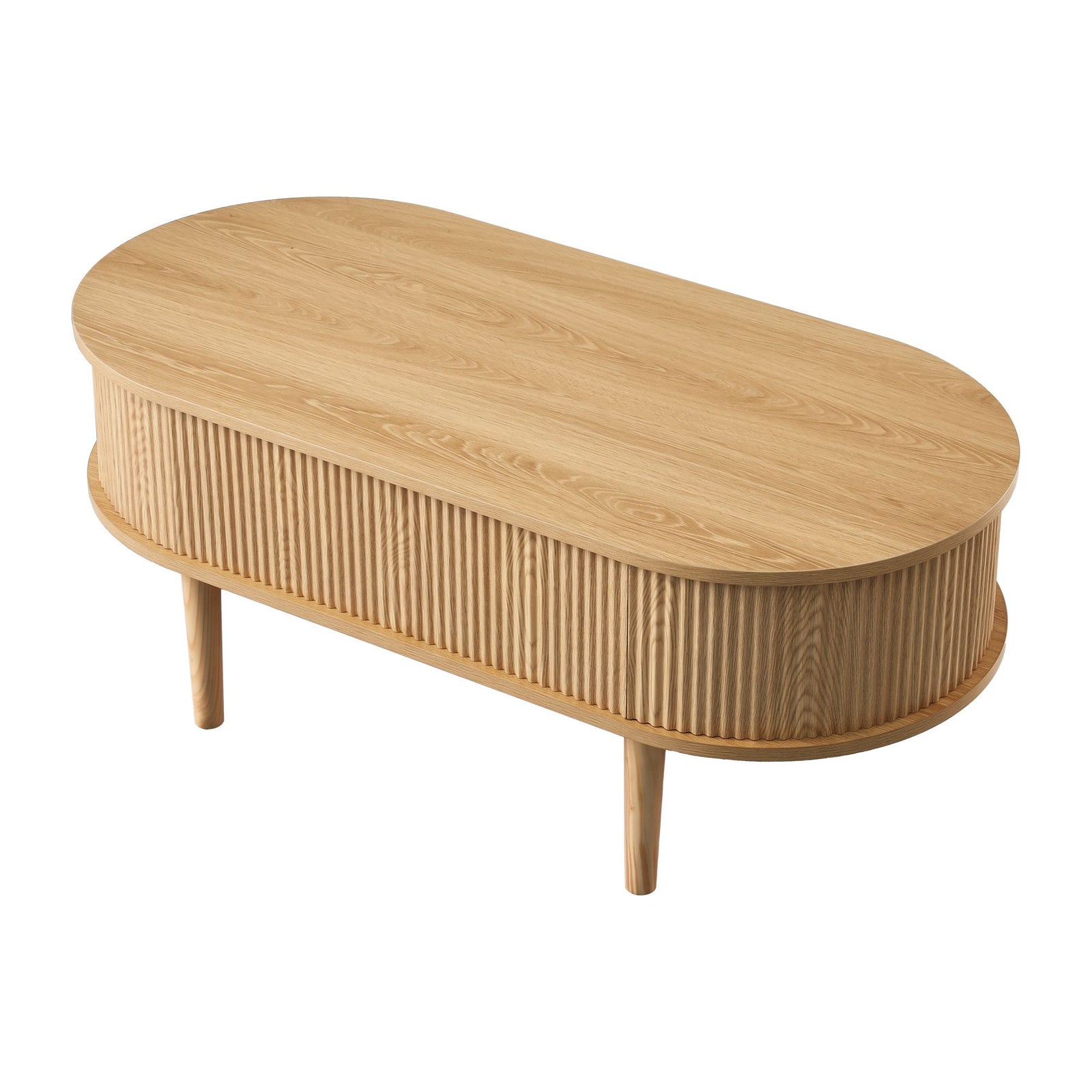 Artiss Lift‑Top Coffee Table 100cm – Oval Fluted Design, Hidden Storage, Natural