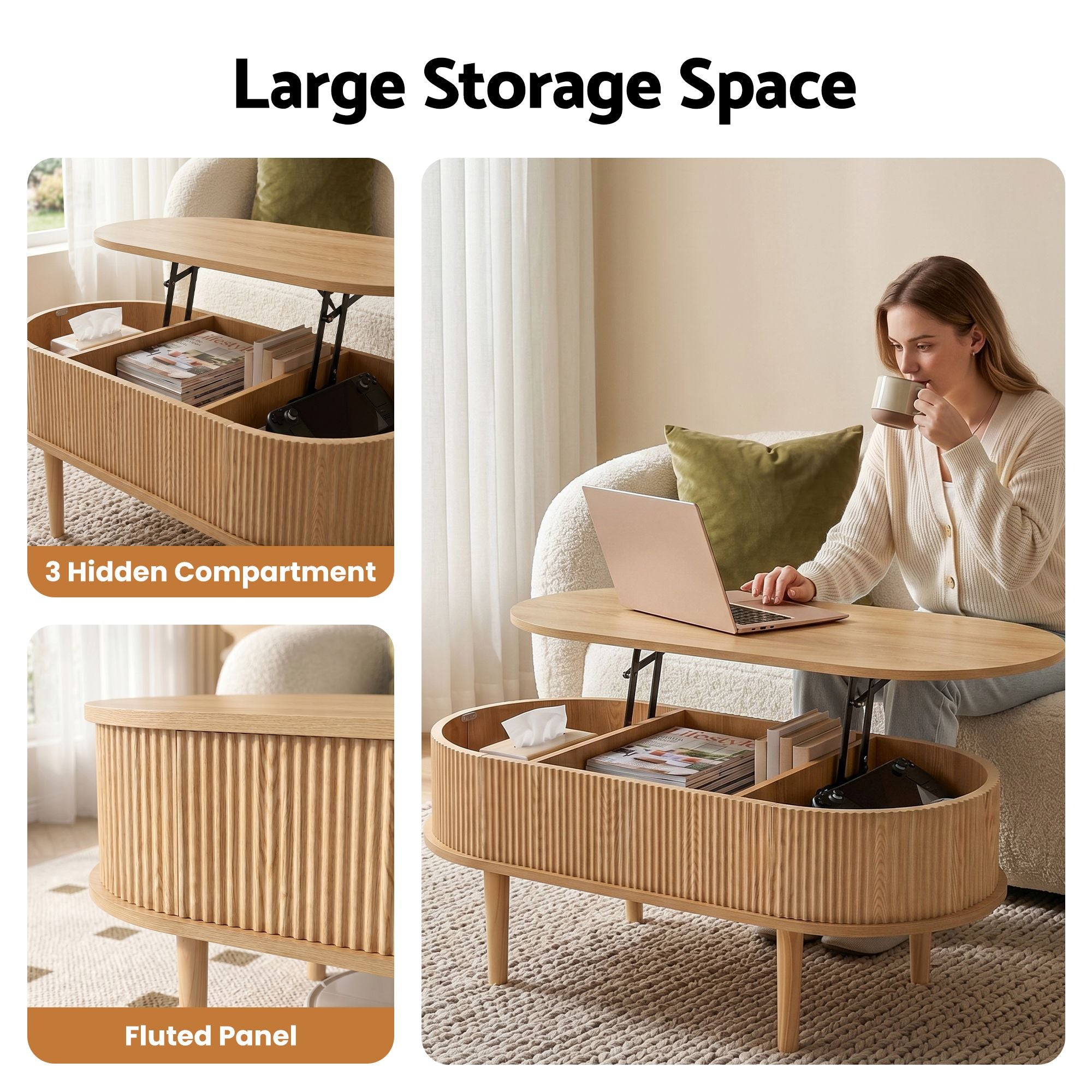 Lift‑Top Coffee Table 100cm – Oval Fluted Design, Hidden Storage, Natural