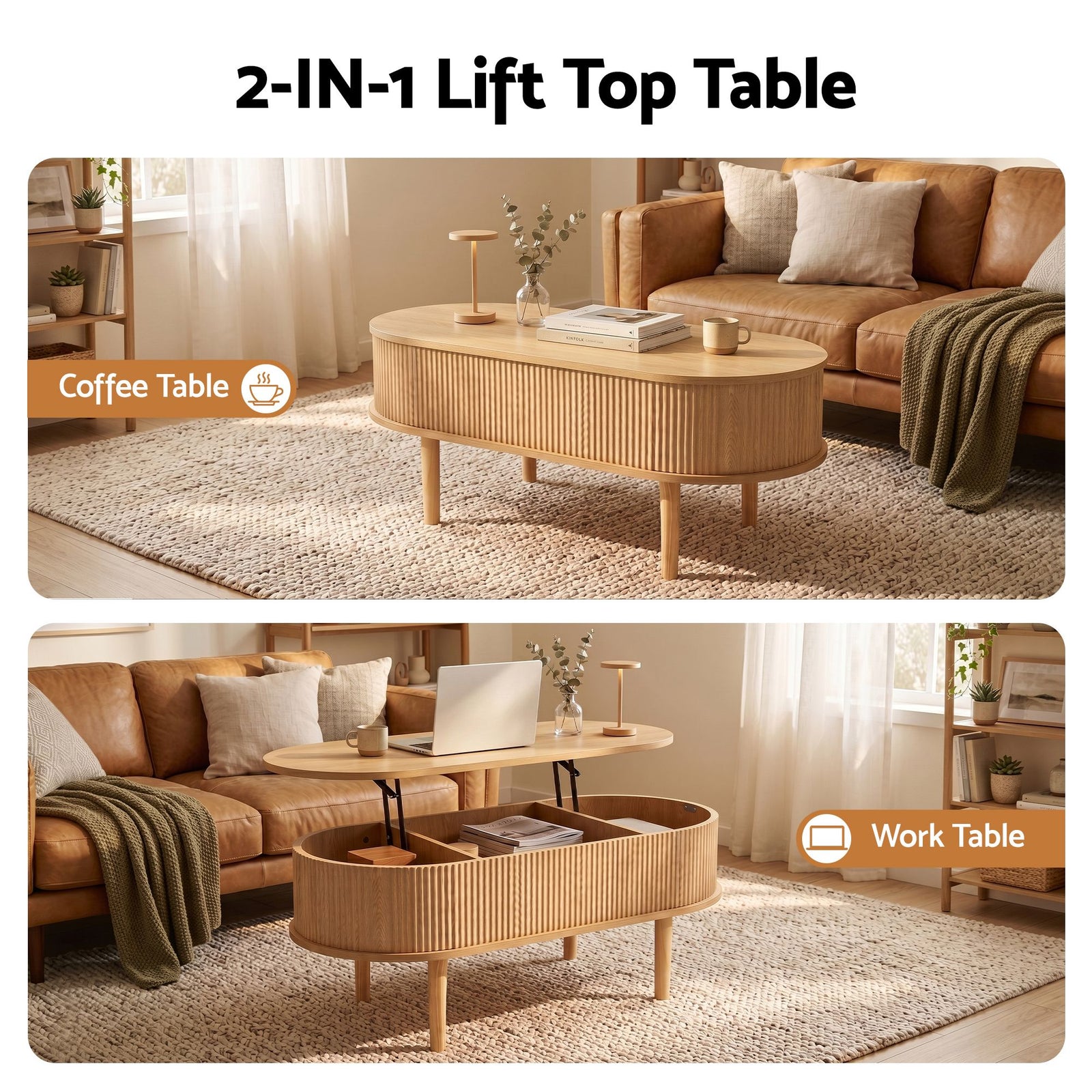 Artiss Lift‑Top Coffee Table 100cm – Oval Fluted Design, Hidden Storage, Natural