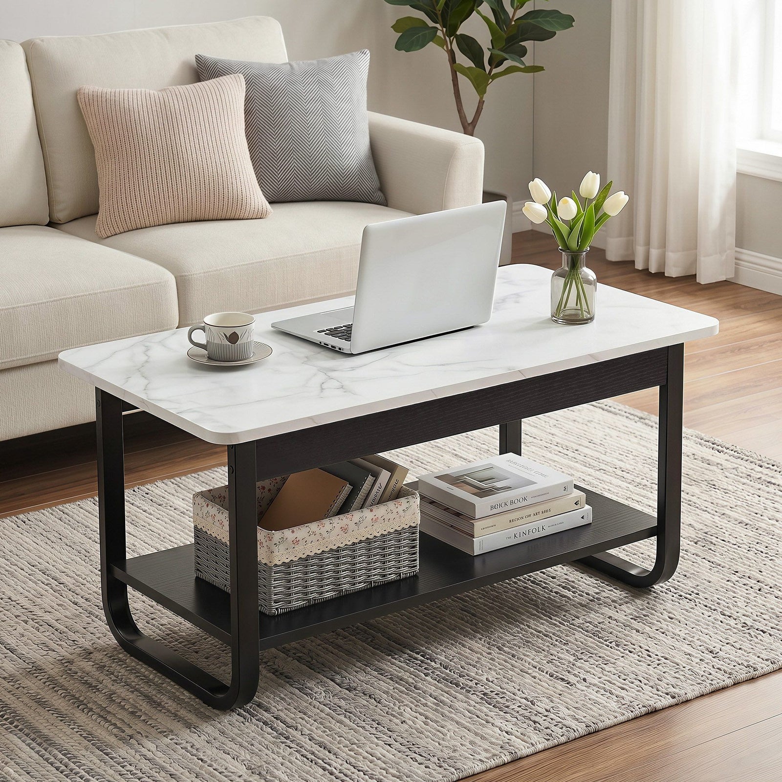 2‑Tier Coffee Table – 80cm Marble Finish, U‑Shaped Base, Storage Shelf