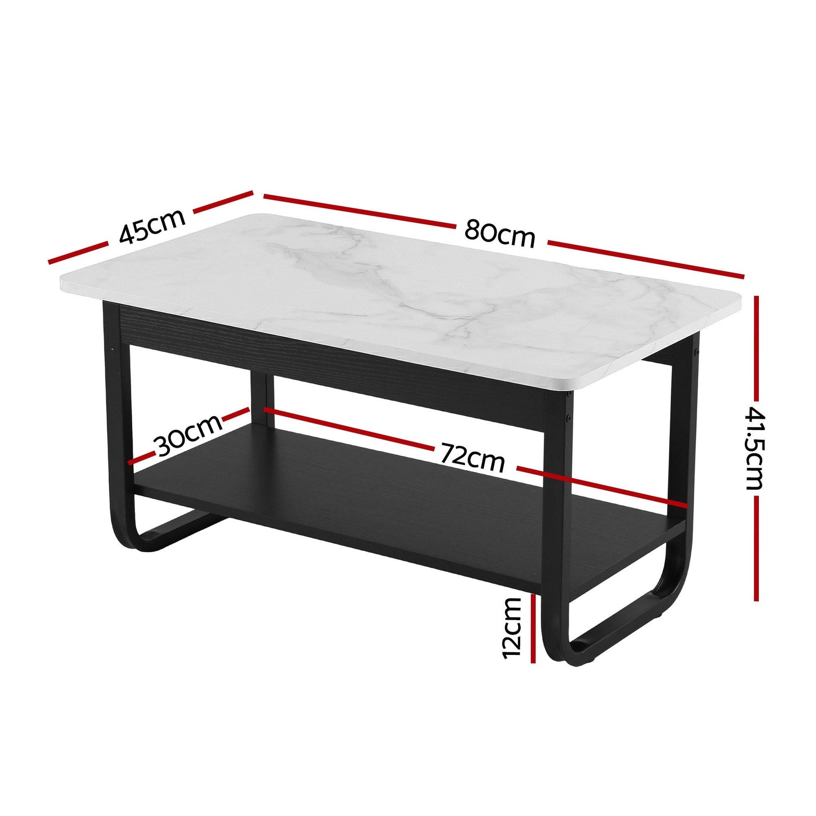 2‑Tier Coffee Table – 80cm Marble Finish, U‑Shaped Base, Storage Shelf