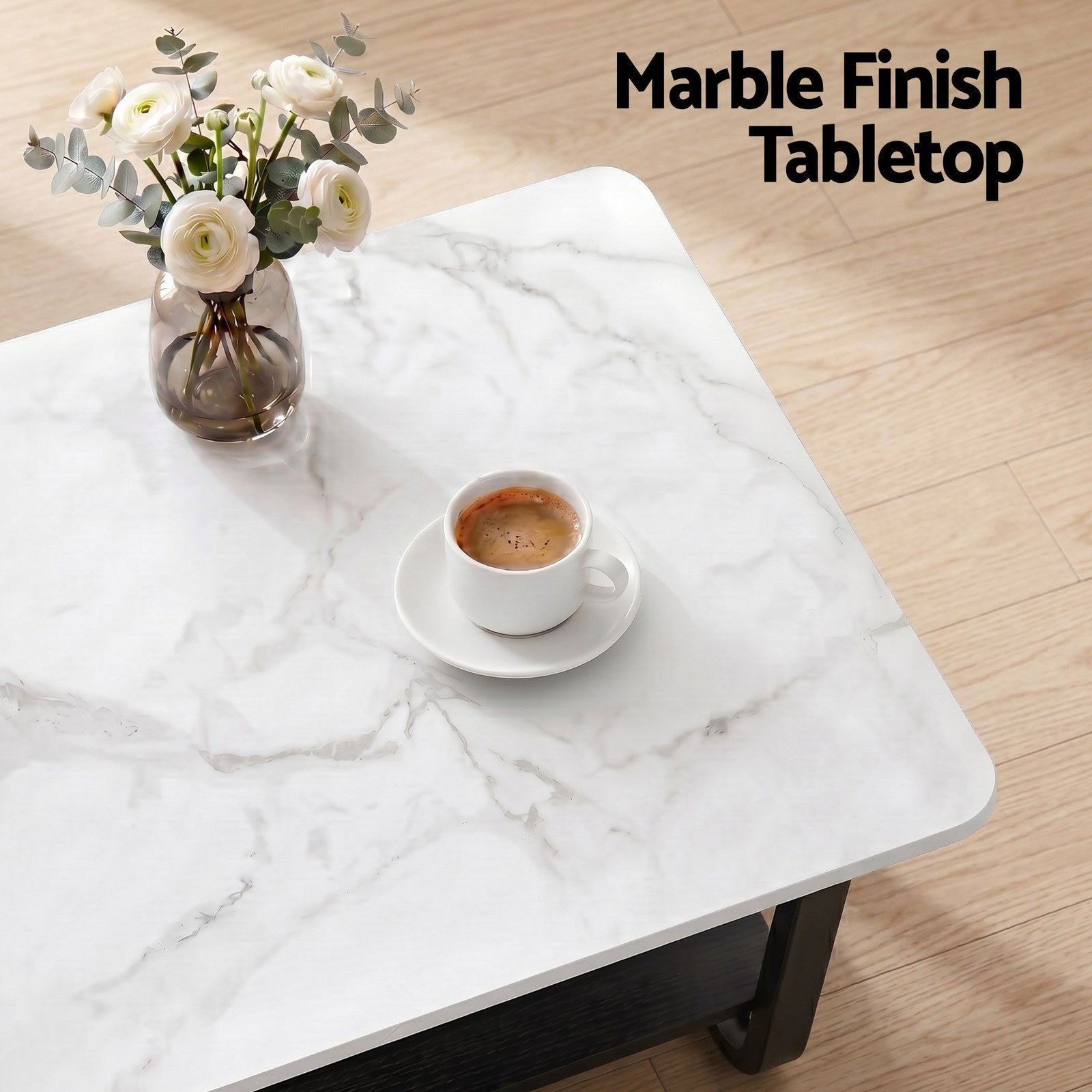 2‑Tier Coffee Table – 80cm Marble Finish, U‑Shaped Base, Storage Shelf