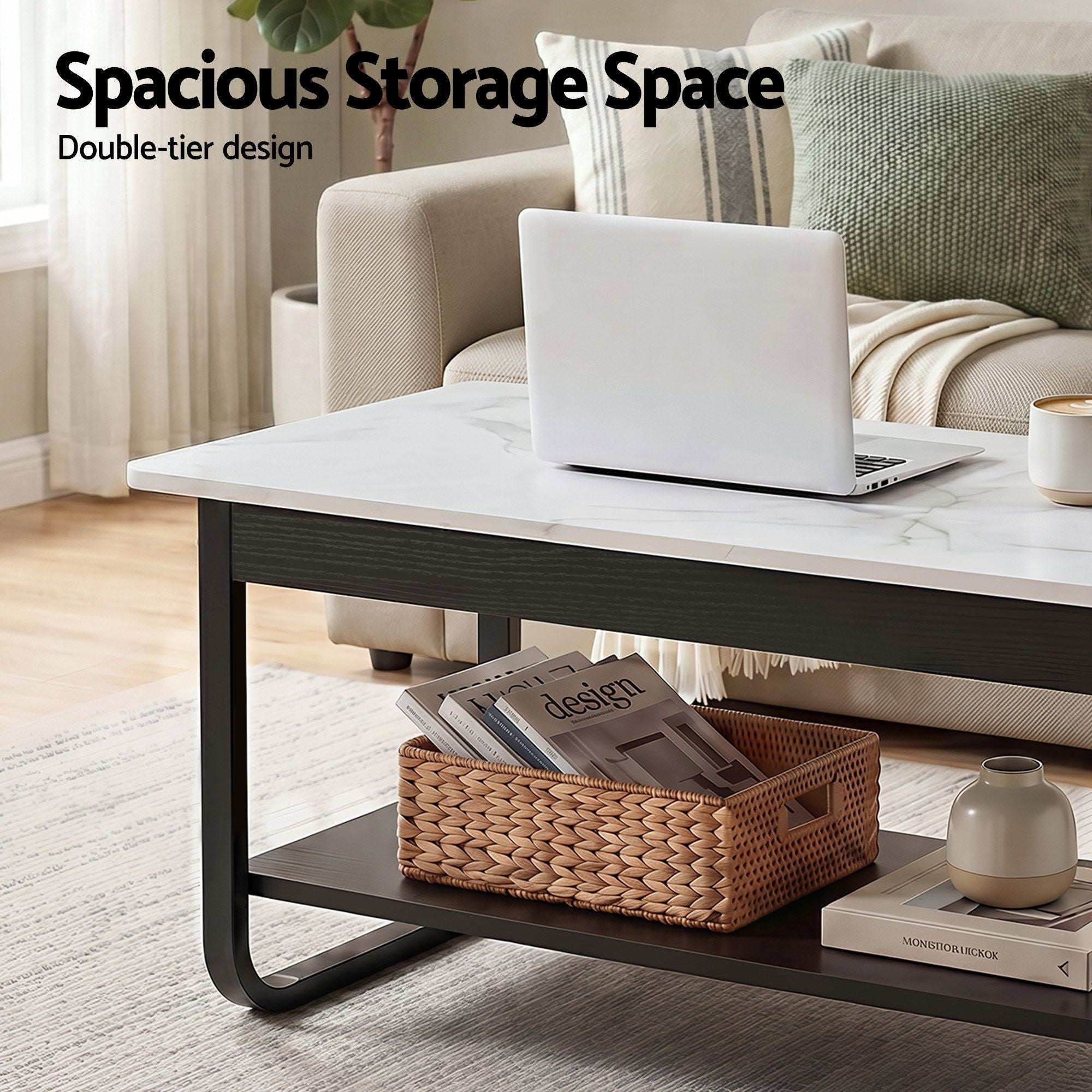 2‑Tier Coffee Table – 80cm Marble Finish, U‑Shaped Base, Storage Shelf