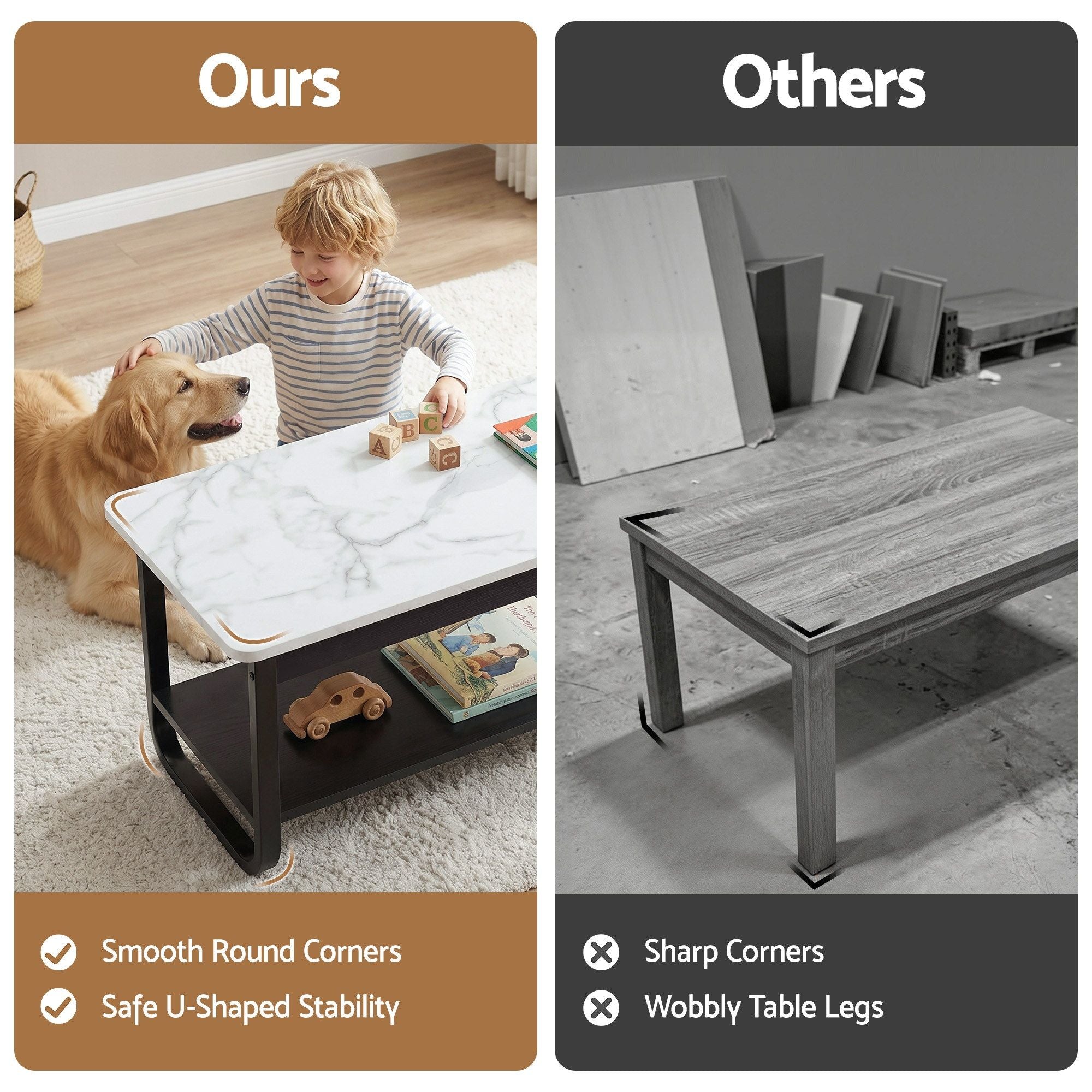 2‑Tier Coffee Table – 80cm Marble Finish, U‑Shaped Base, Storage Shelf