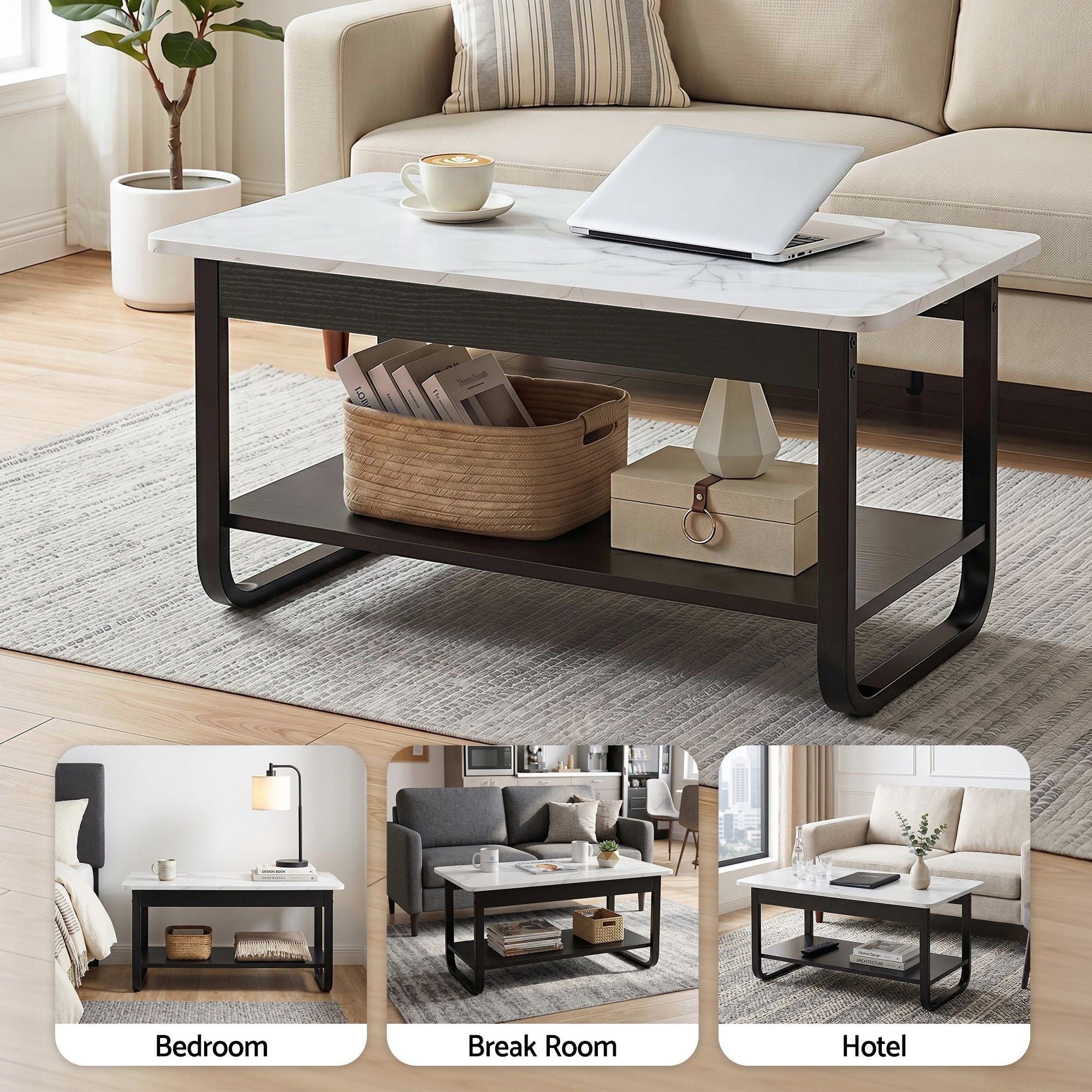 2‑Tier Coffee Table – 80cm Marble Finish, U‑Shaped Base, Storage Shelf