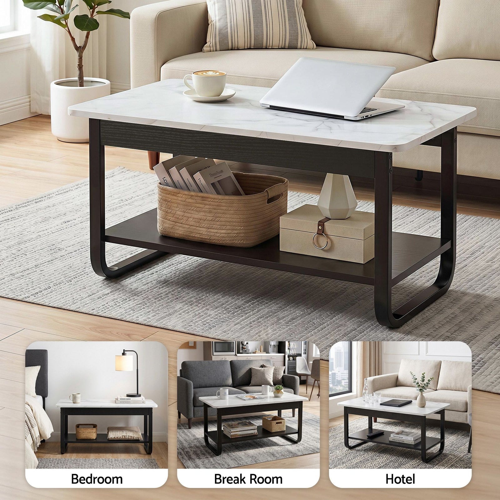 2‑Tier Coffee Table – 80cm Marble Finish, U‑Shaped Base, Storage Shelf