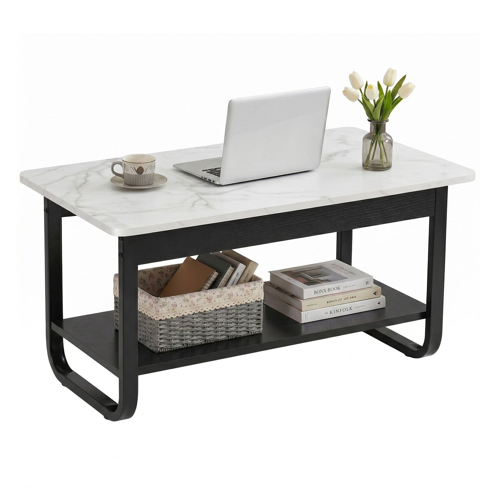 2‑Tier Coffee Table – 80cm Marble Finish, U‑Shaped Base, Storage Shelf