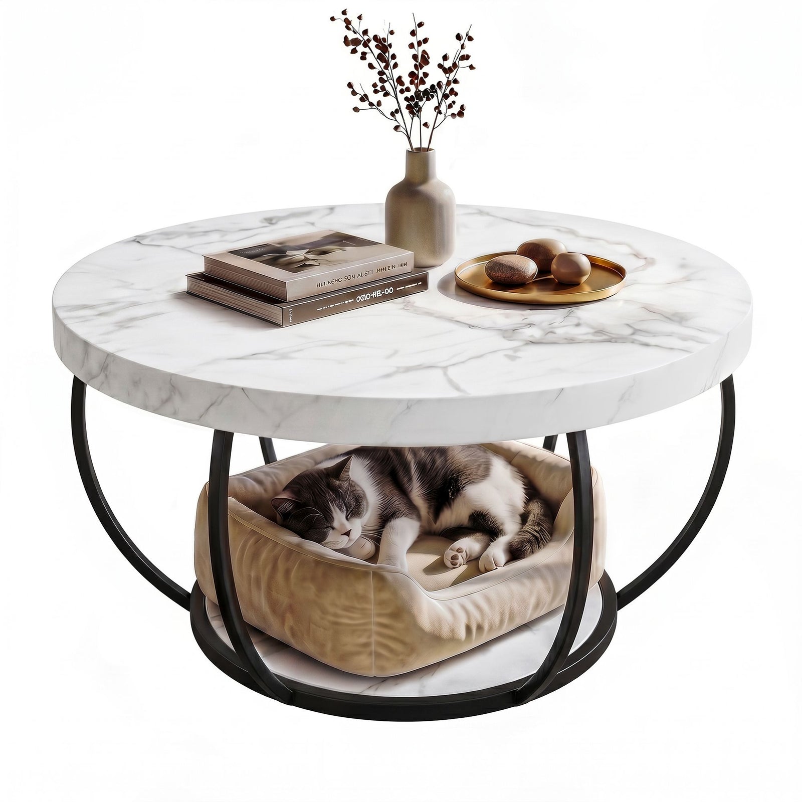 2‑Tier Round Coffee Table – 80cm Marble Finish, Metal Frame, Storage Shelf