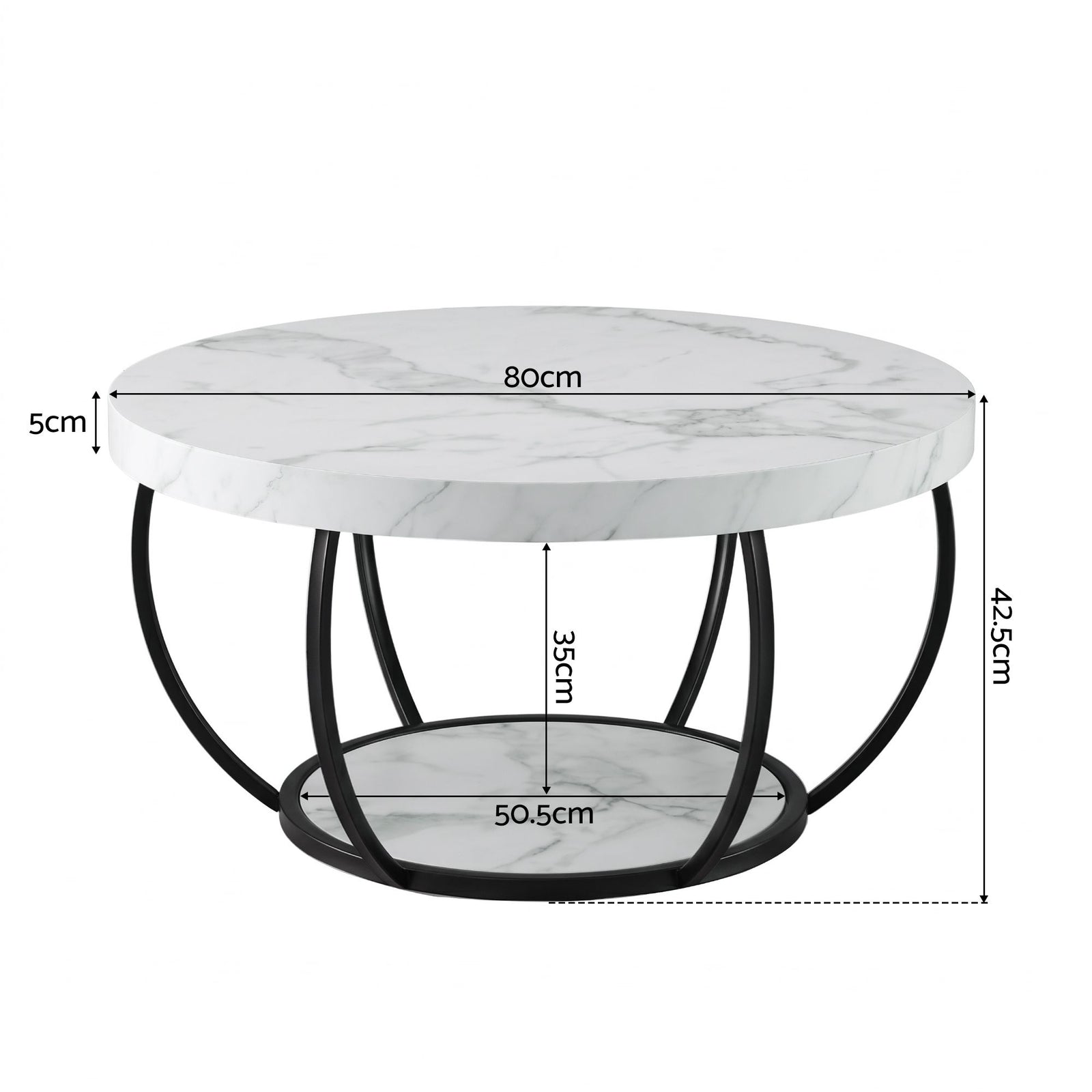 2‑Tier Round Coffee Table – 80cm Marble Finish, Metal Frame, Storage Shelf