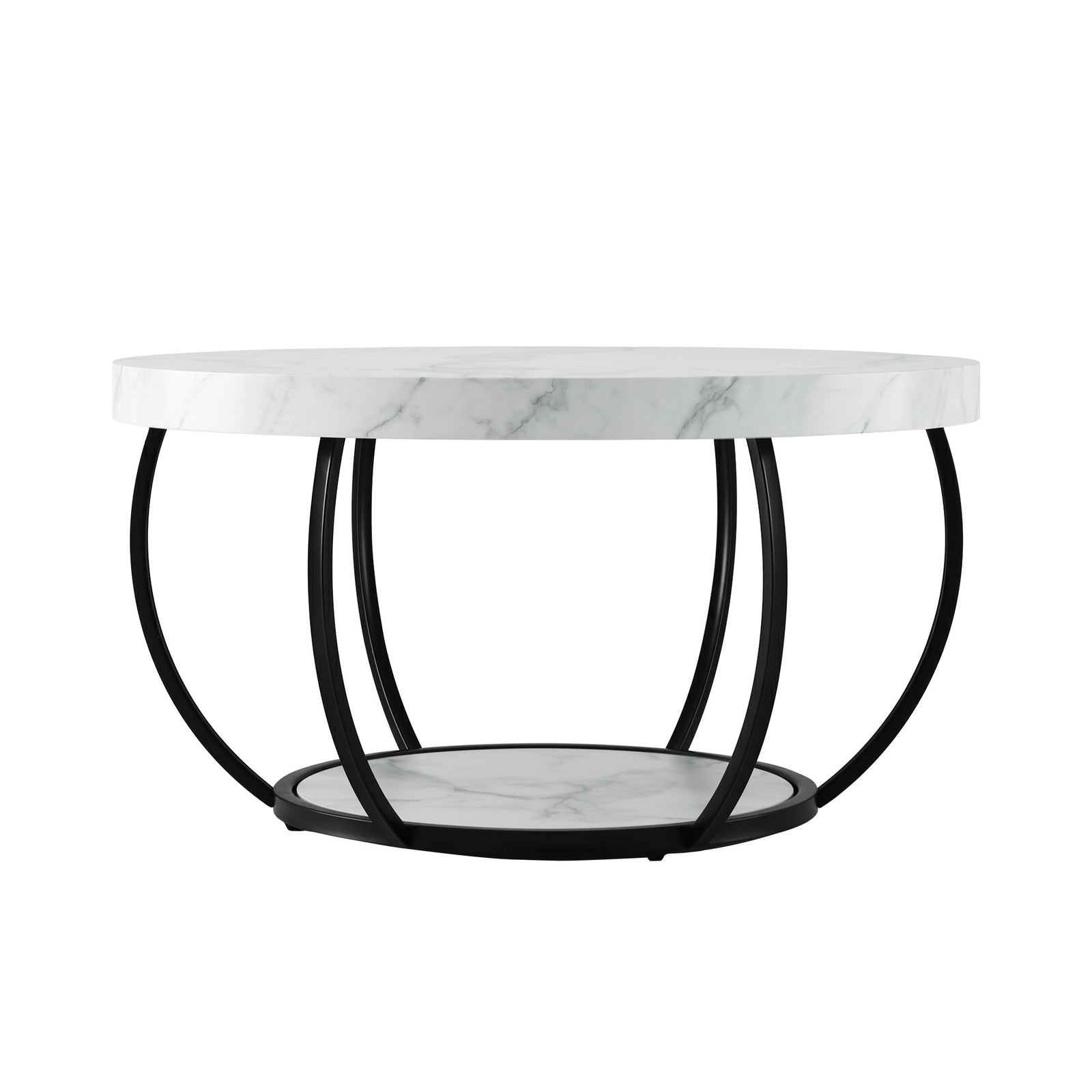 2‑Tier Round Coffee Table – 80cm Marble Finish, Metal Frame, Storage Shelf