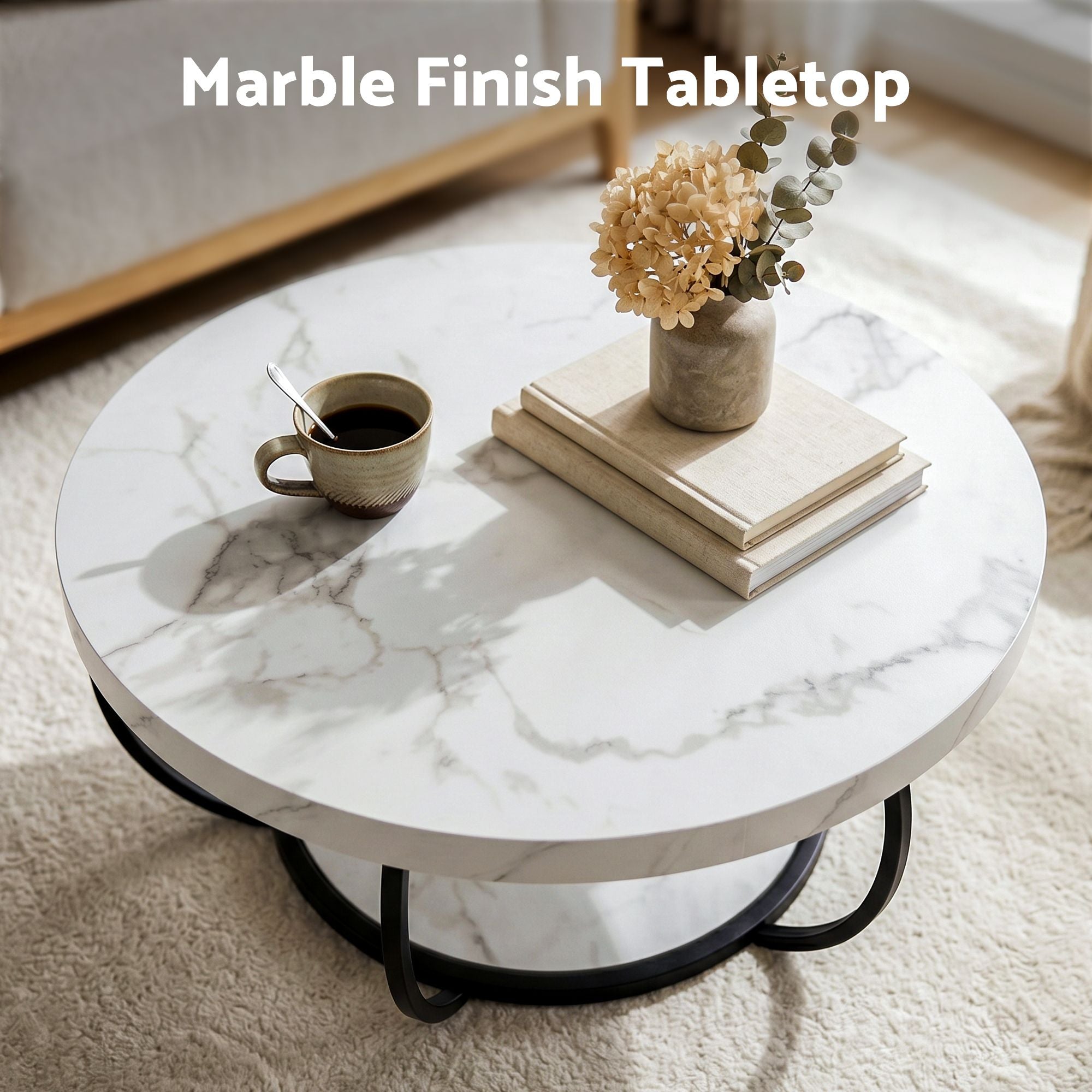 2‑Tier Round Coffee Table – 80cm Marble Finish, Metal Frame, Storage Shelf