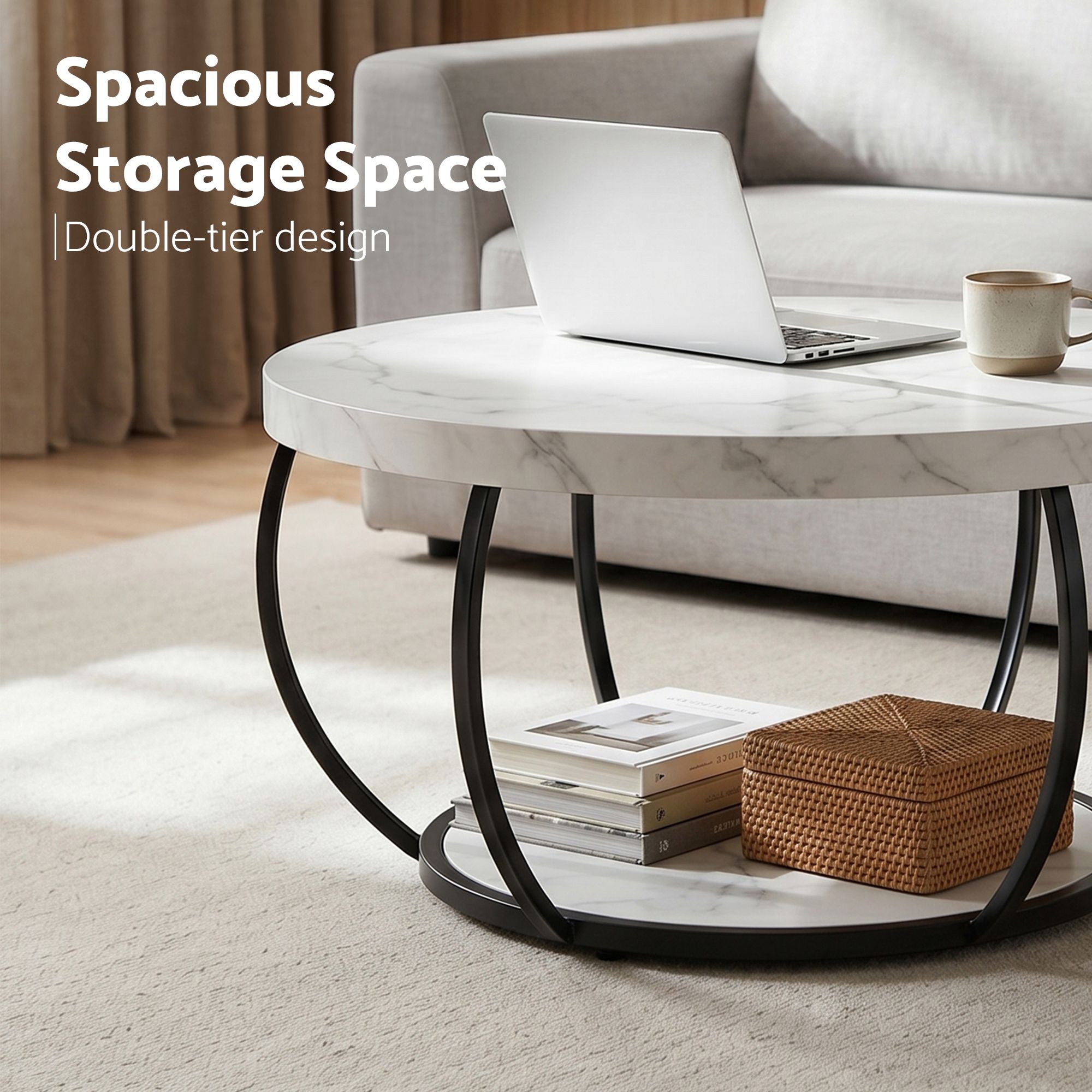 2‑Tier Round Coffee Table – 80cm Marble Finish, Metal Frame, Storage Shelf