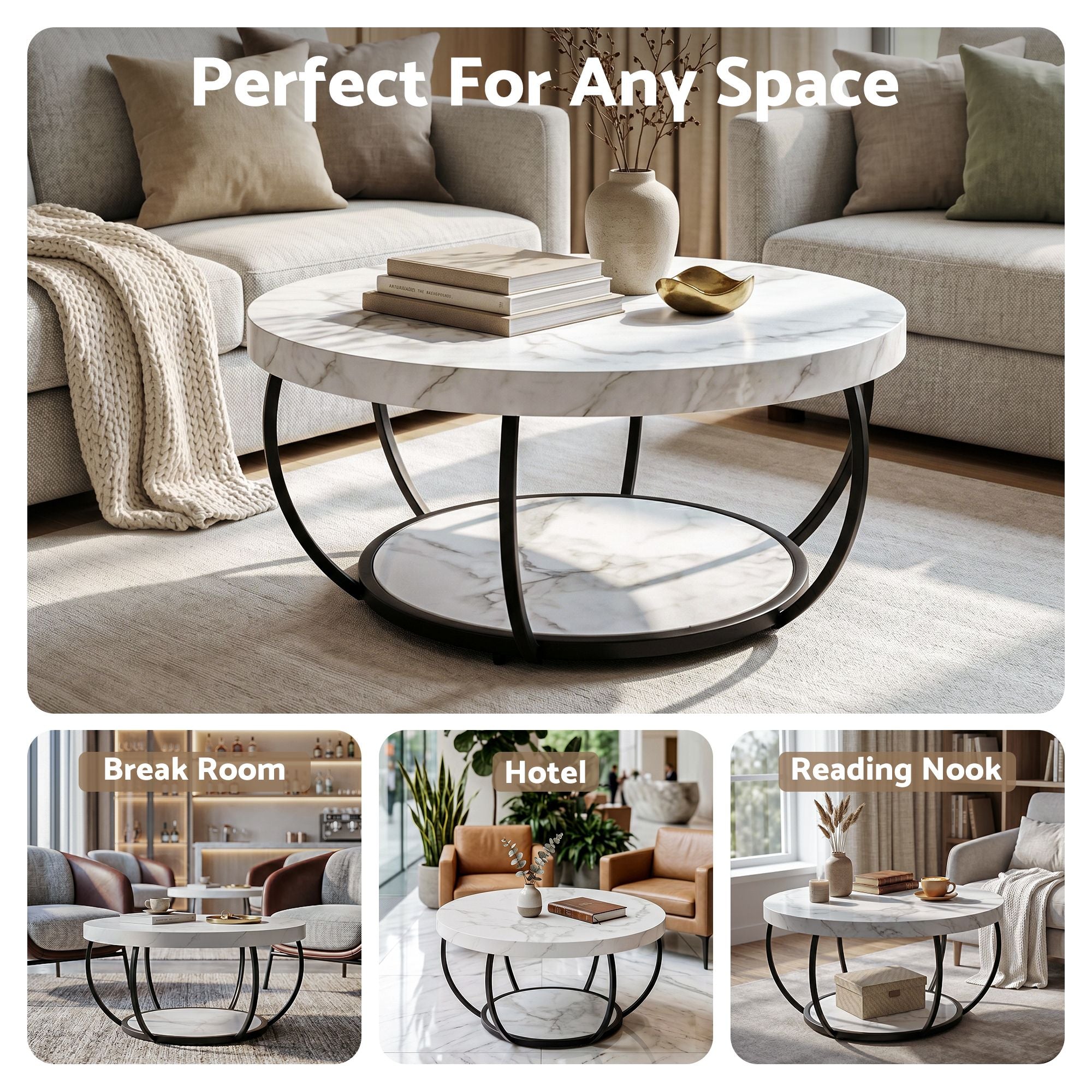 2‑Tier Round Coffee Table – 80cm Marble Finish, Metal Frame, Storage Shelf