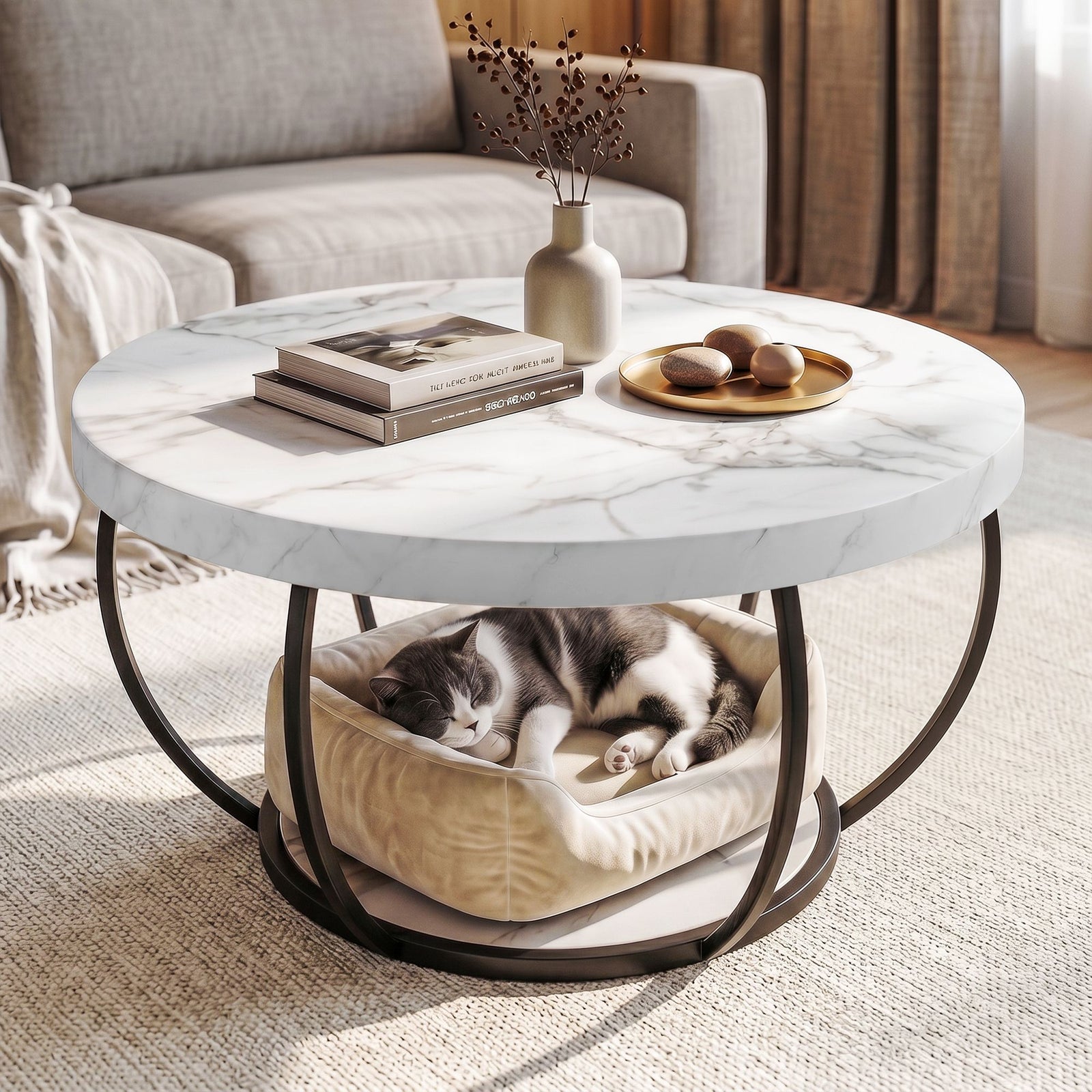 2‑Tier Round Coffee Table – 80cm Marble Finish, Metal Frame, Storage Shelf